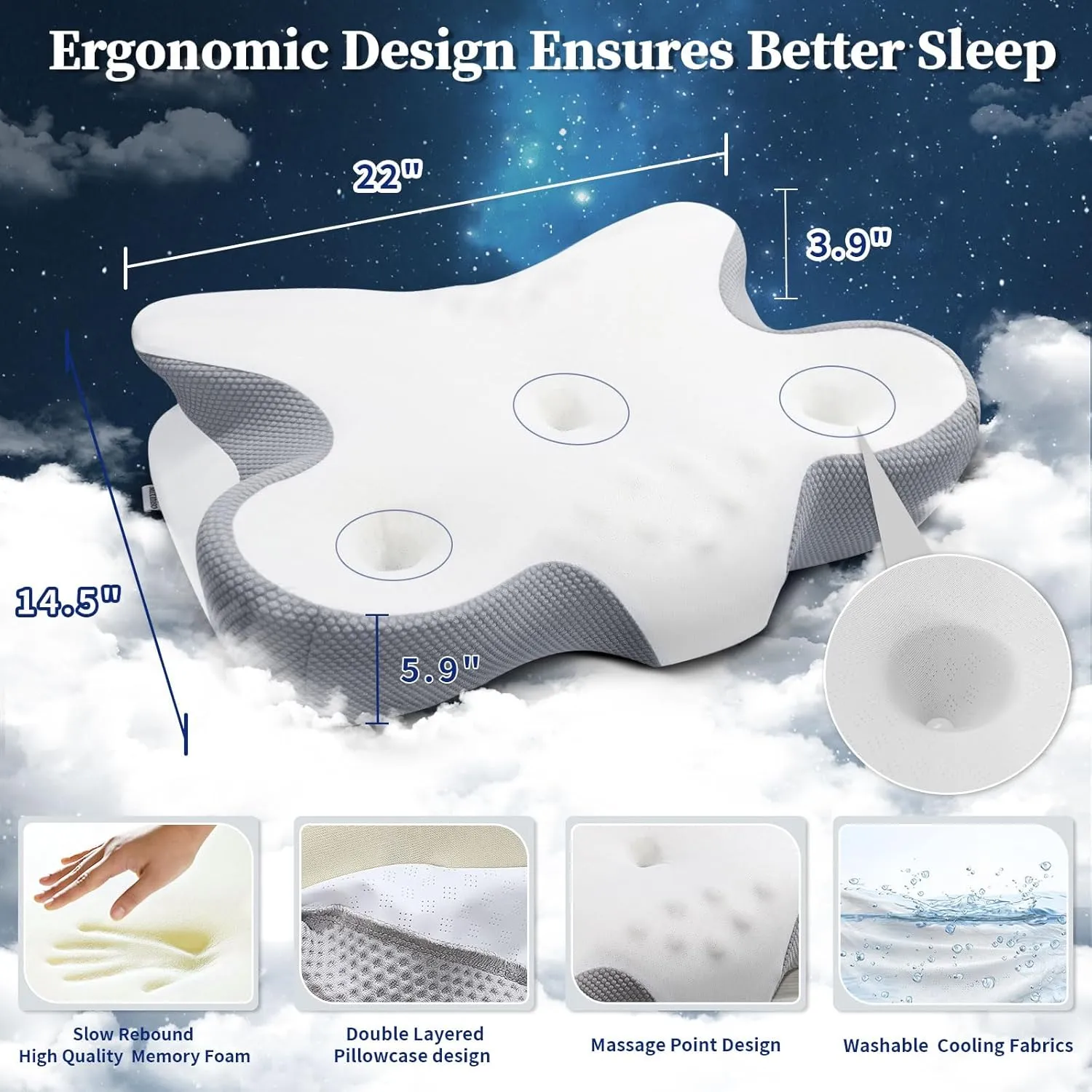 Cervical Neck Pillow, Side Sleeper Pillows, Ergonomic Neck Support Pillow for Neck Pain Relief, Orthopedic Contour Memory Foam Pillows for Side Back & Stomach Sleepers with Cooling Pillowcase