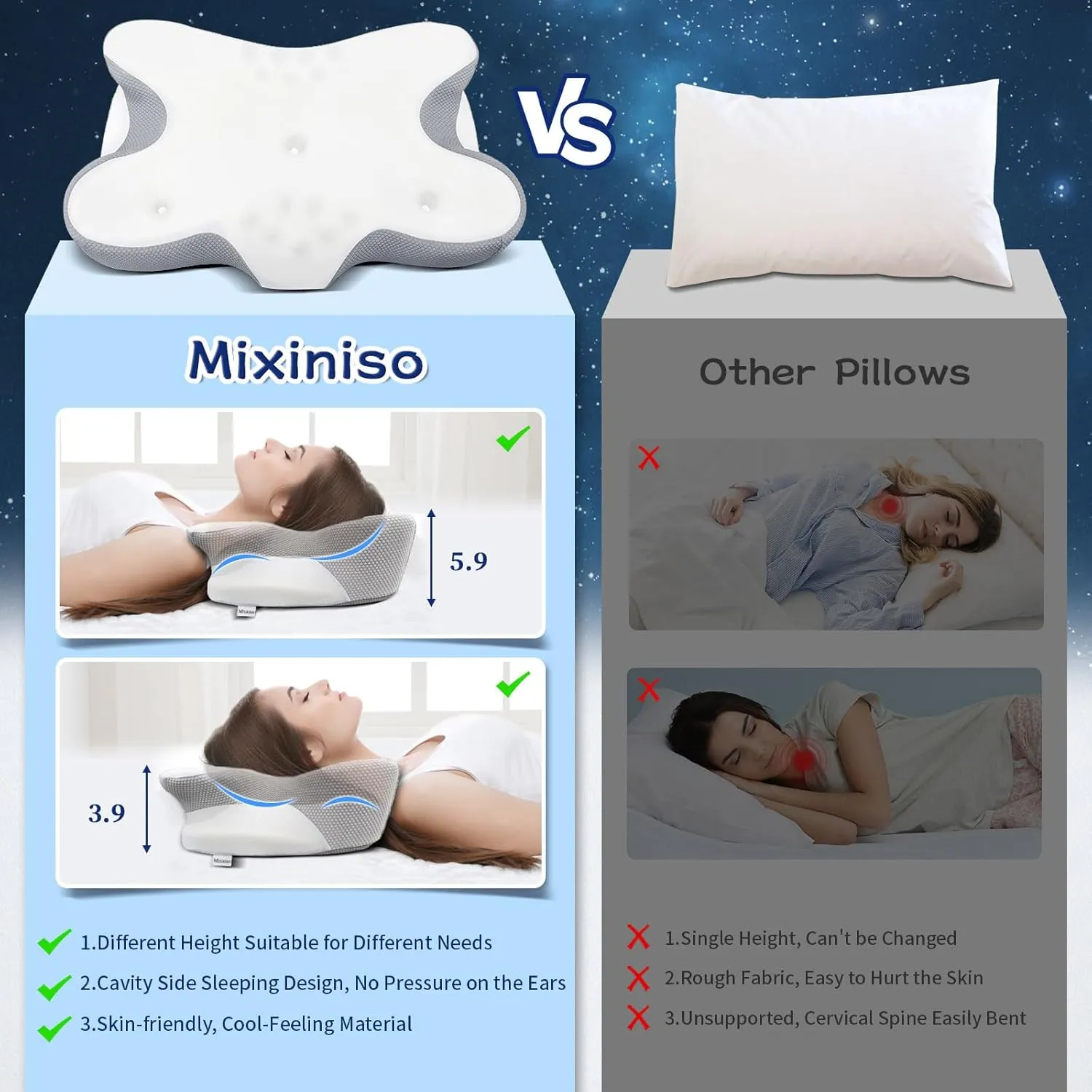 Cervical Neck Pillow, Side Sleeper Pillows, Ergonomic Neck Support Pillow for Neck Pain Relief, Orthopedic Contour Memory Foam Pillows for Side Back & Stomach Sleepers with Cooling Pillowcase