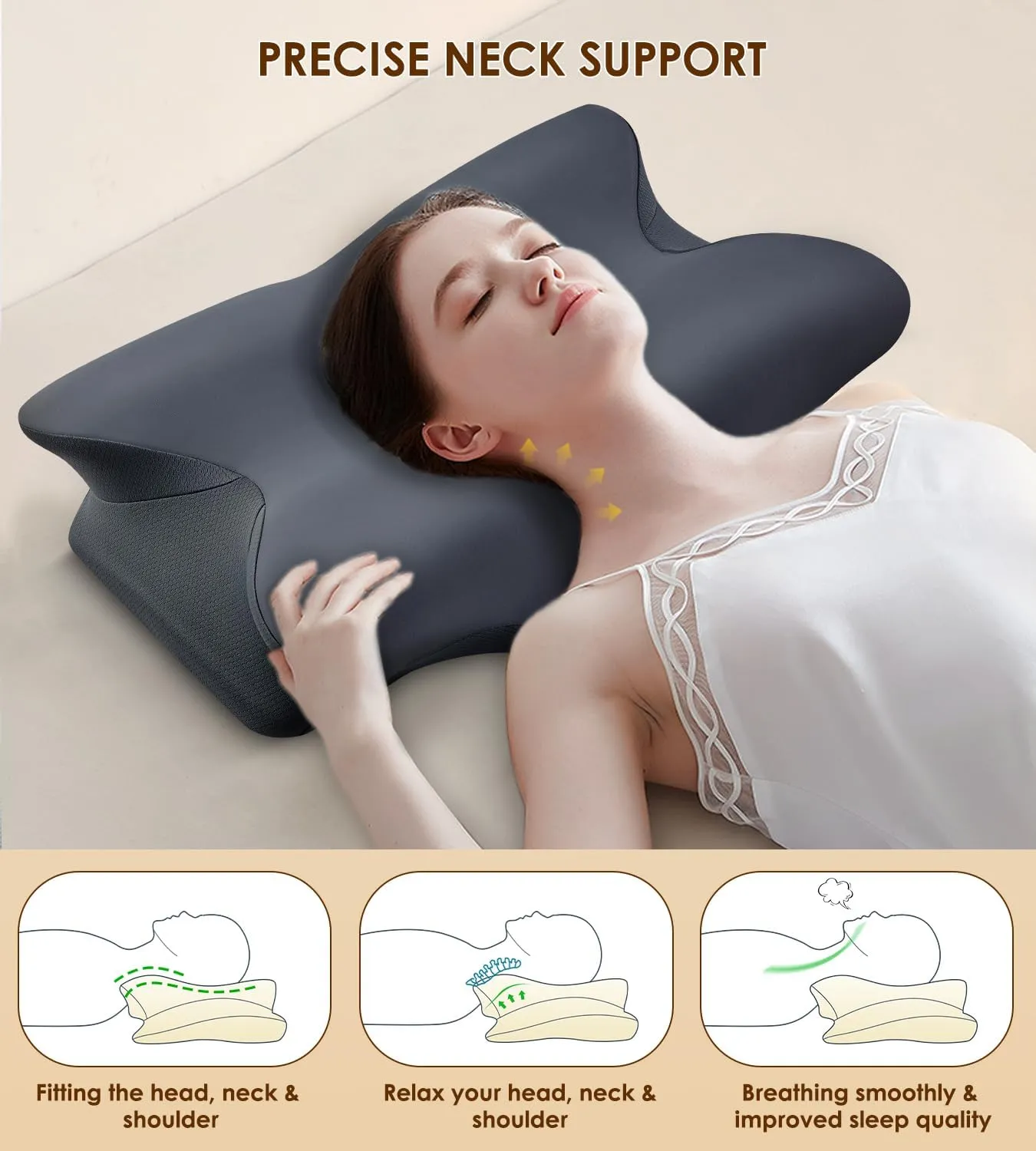 Cervical Pillow for Neck and Shoulder, Ergonomic Contour Memory Foam Pillows for Sleeping, Cooling Neck Support Pillow for Back Stomach Side Sleeper Dark Grey