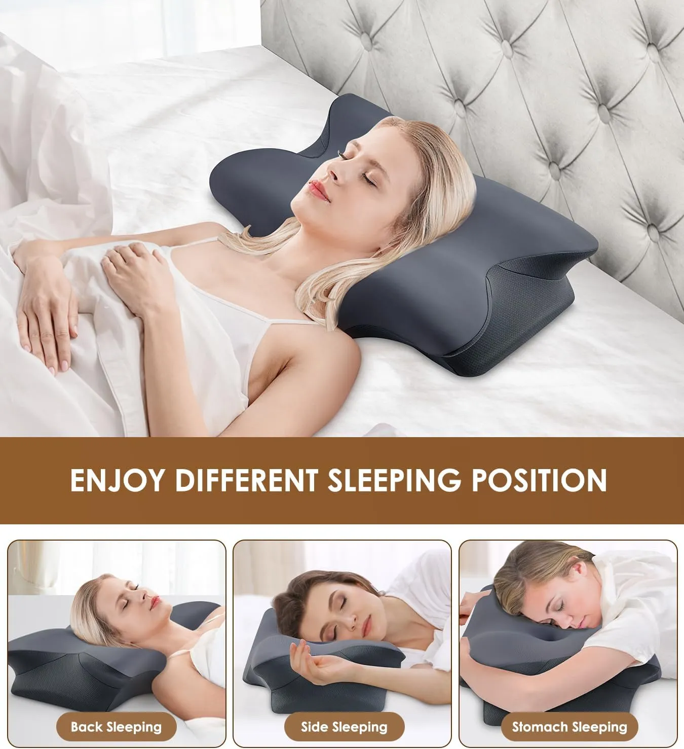Cervical Pillow for Neck and Shoulder, Ergonomic Contour Memory Foam Pillows for Sleeping, Cooling Neck Support Pillow for Back Stomach Side Sleeper Dark Grey