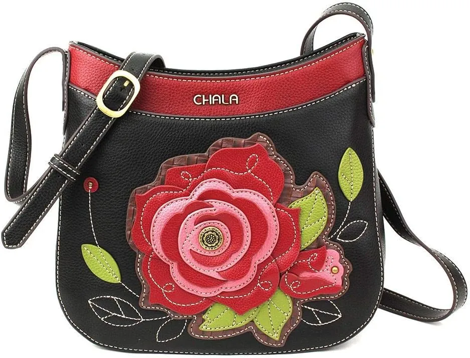 Chala Group Chala Handbags Rose Crescent Crossbody Handbag Purse BlackMulti