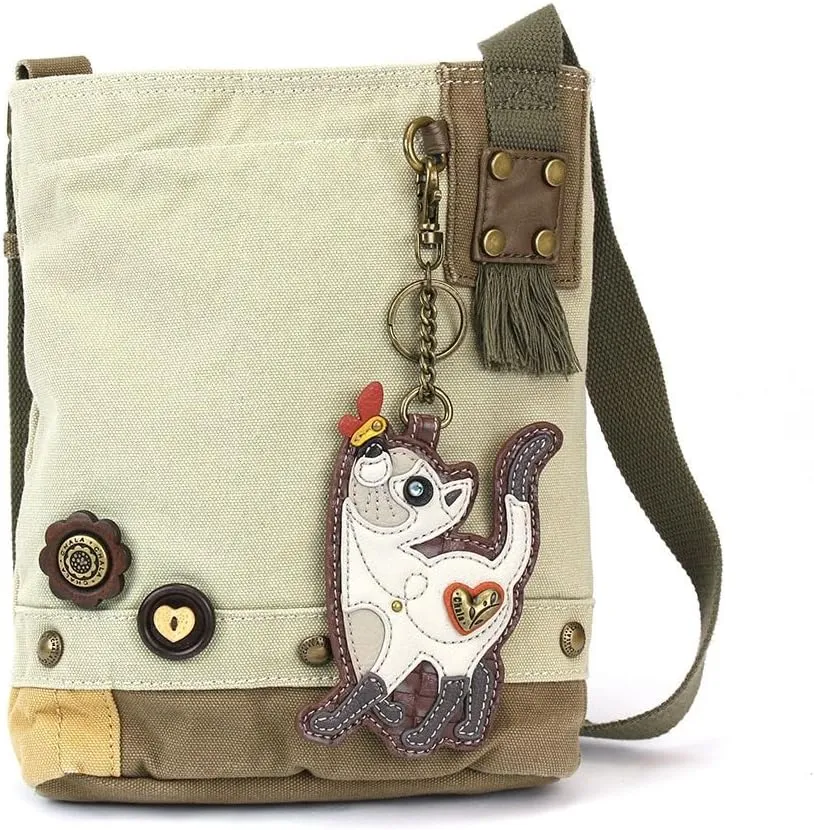 CHALA Womens' Canvas Patch Crossbody Handbag with Keyfob- Sand (Slim Cat - Sand)