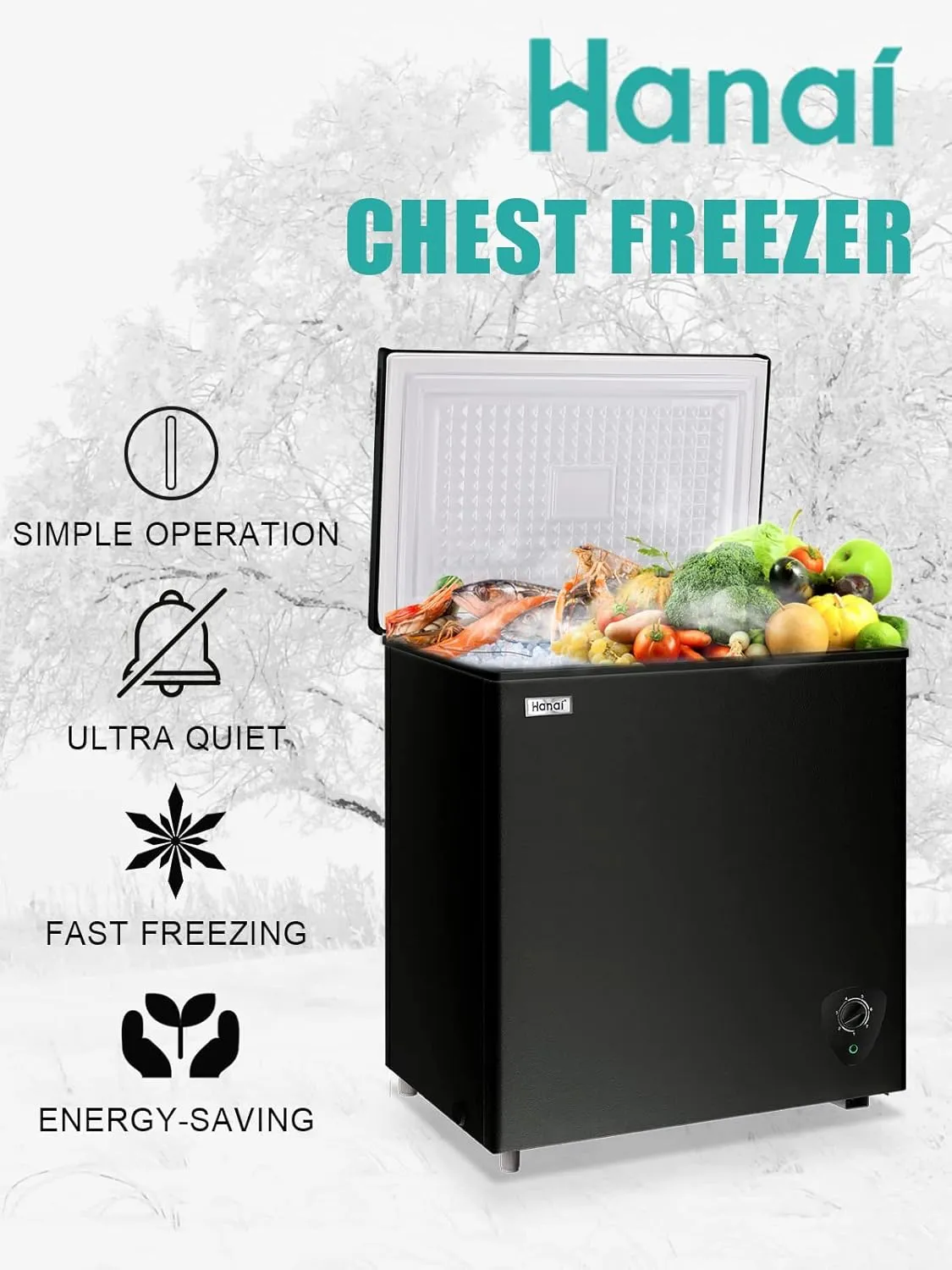 Chest Freezer 5.0 Cu.Ft Black Compact Freezer, Manual Defrost Deep Freezer with Storage Basket, Space-Saving Flat Back, Stay-Open Lid, Side-Access Drain for Home Basement Cottage Business