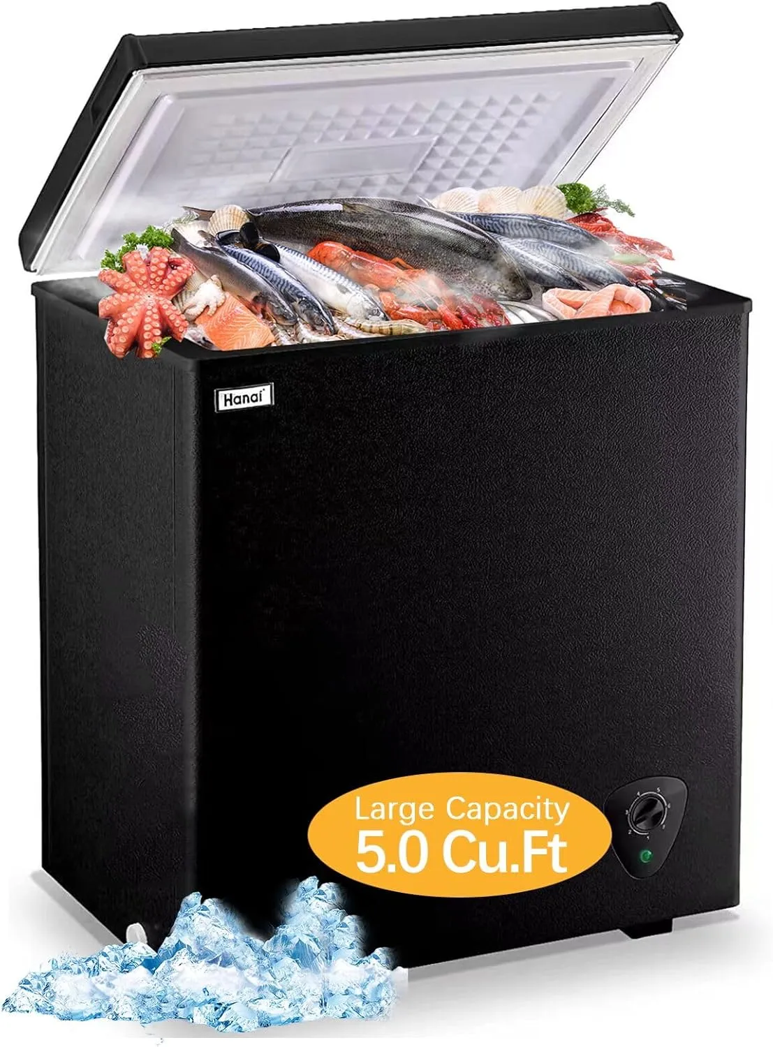 Chest Freezer 5.0 Cu.Ft Black Compact Freezer, Manual Defrost Deep Freezer with Storage Basket, Space-Saving Flat Back, Stay-Open Lid, Side-Access Drain for Home Basement Cottage Business