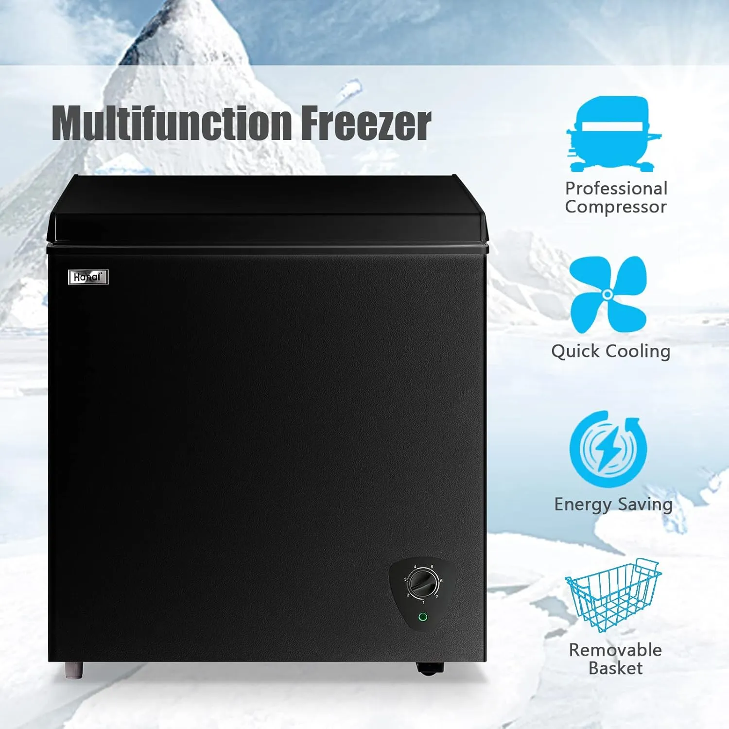 Chest Freezer 5.0 Cu.Ft Black Compact Freezer, Manual Defrost Deep Freezer with Storage Basket, Space-Saving Flat Back, Stay-Open Lid, Side-Access Drain for Home Basement Cottage Business