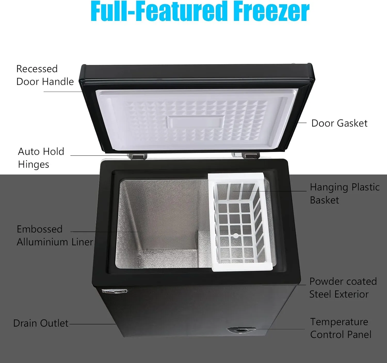 Chest Freezer 5.0 Cu.Ft Black Compact Freezer, Manual Defrost Deep Freezer with Storage Basket, Space-Saving Flat Back, Stay-Open Lid, Side-Access Drain for Home Basement Cottage Business