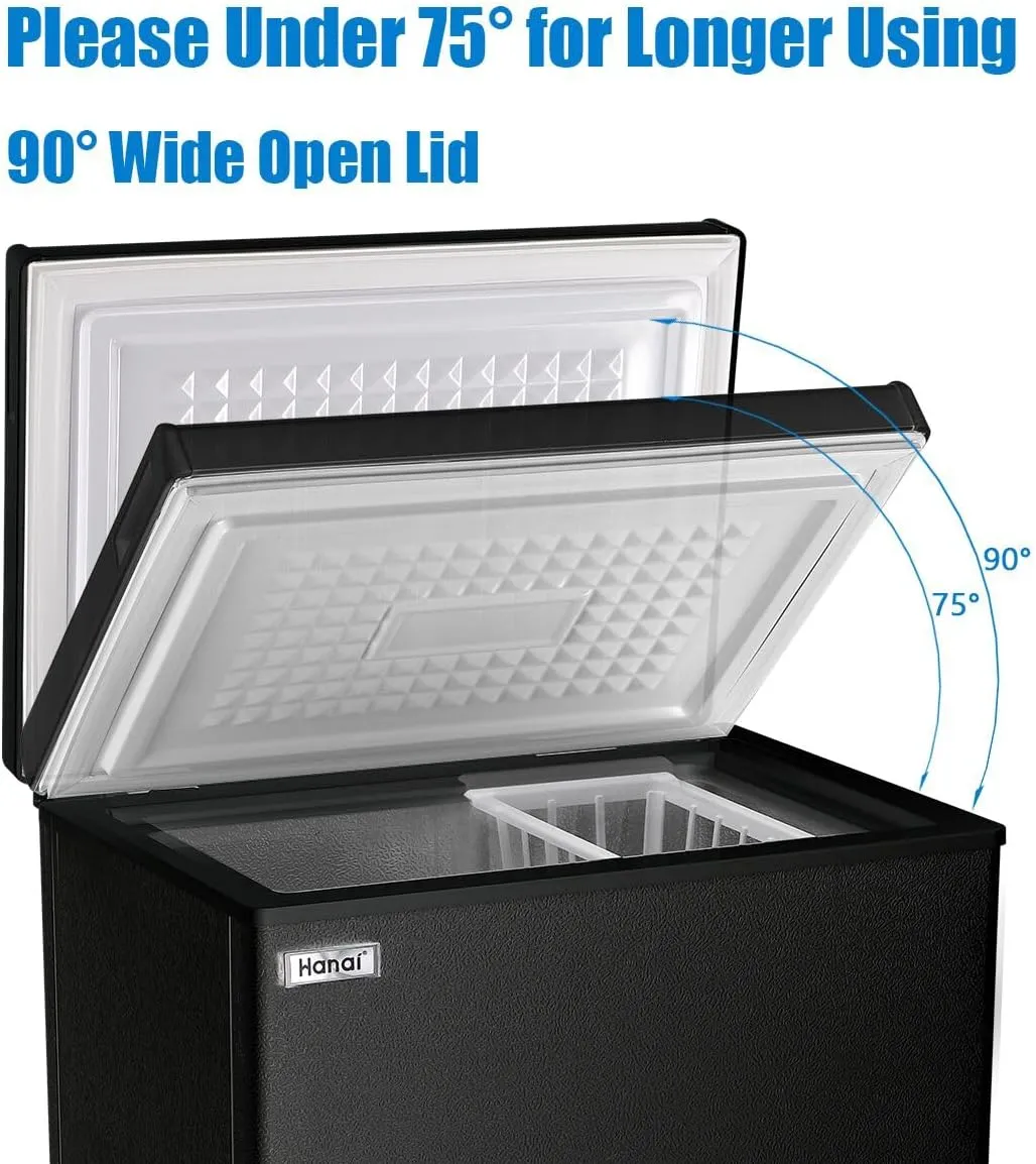 Chest Freezer 5.0 Cu.Ft Black Compact Freezer, Manual Defrost Deep Freezer with Storage Basket, Space-Saving Flat Back, Stay-Open Lid, Side-Access Drain for Home Basement Cottage Business