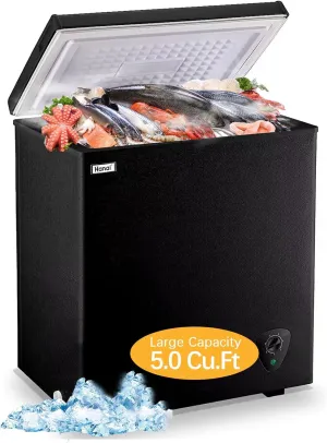 Chest Freezer 5.0 Cu.Ft Black Compact Freezer, Manual Defrost Deep Freezer with Storage Basket, Space-Saving Flat Back, Stay-Open Lid, Side-Access Drain for Home Basement Cottage Business