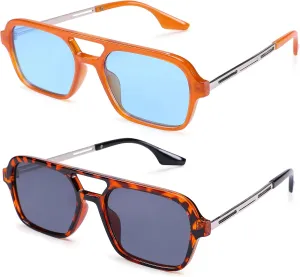 COASION Vintage 70s Flat Aviator Small Frame Sunglasses for Women Men Square Metal Design UV400 Protection Shades
