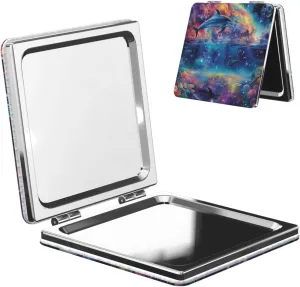 Colored Starry Sky Ocean Dolphin Printed Square Pocket Makeup Mirror with 1X/2X Magnification, Portable Mini Travel Makeup Mirror for Travel Daily Work Beauty