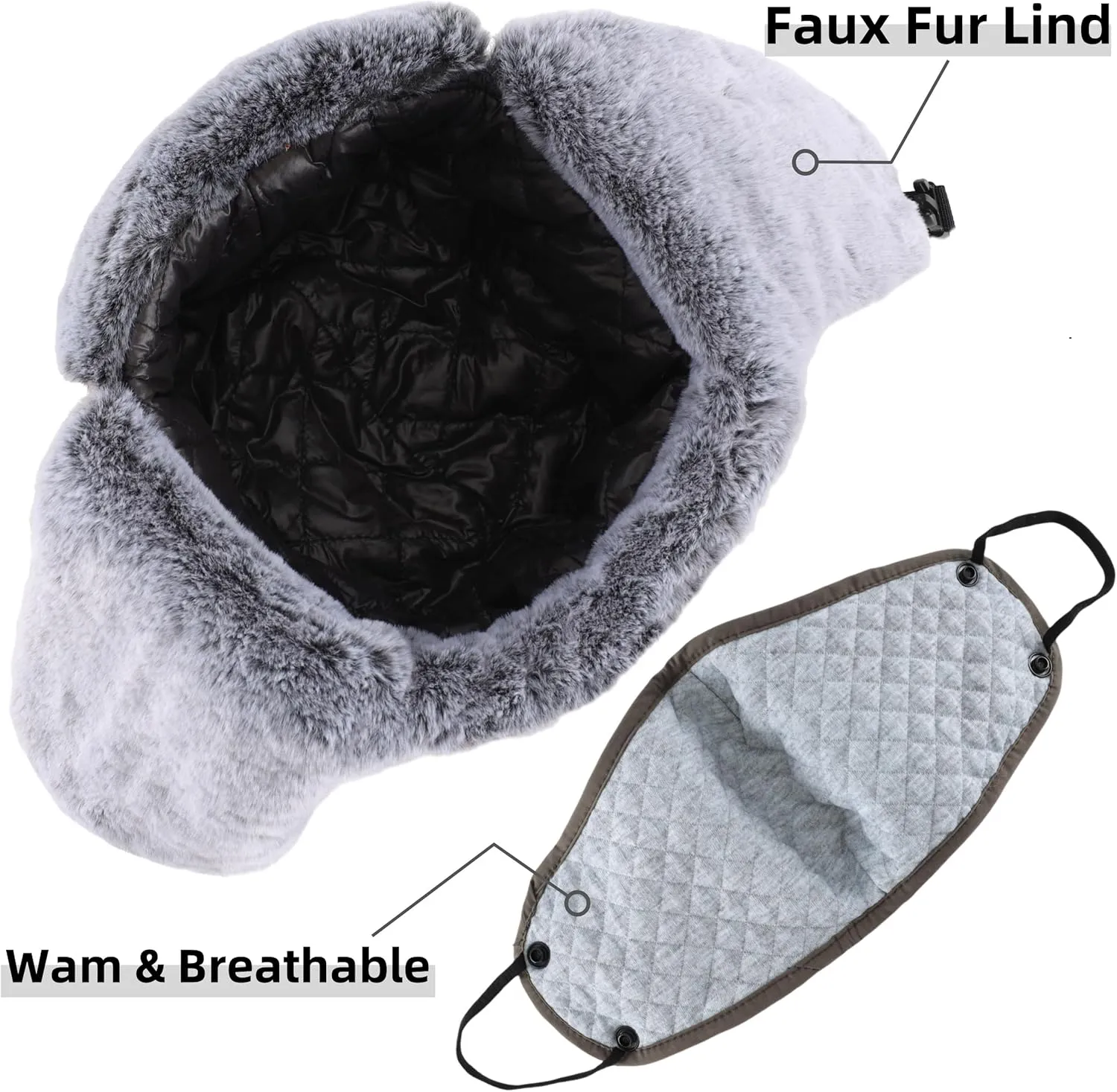 Connectyle Trapper Hat for Men Women Faux Fur Lined Winter Hat with Face Mask Water Repellent Cold Weater Outdoor Hat