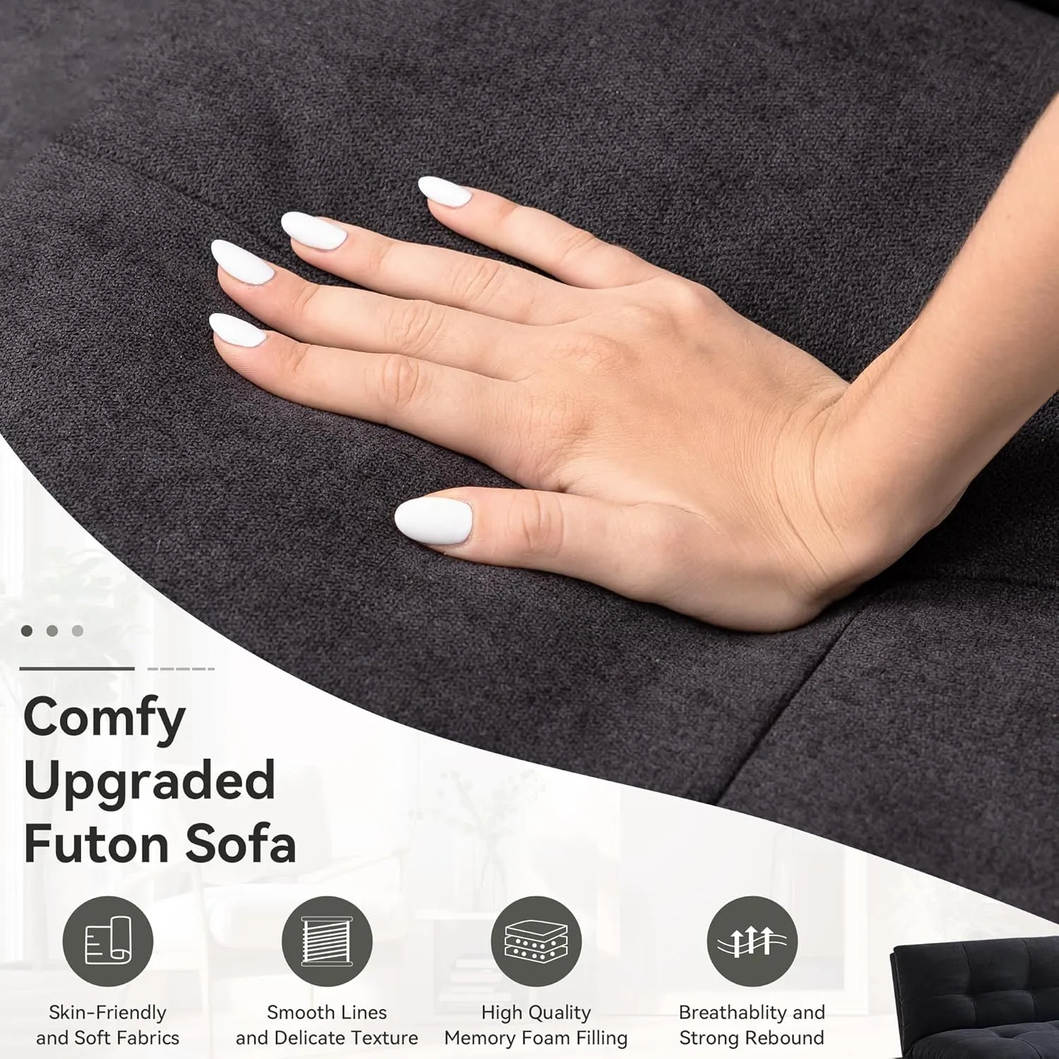 Convertible Futon Sofa Bed,Memory Foam Linen Fabric Futon Couch with Adjustable Backrest,Folding Loveseat Sleeper Recliner for for Living Room,Office,Apartment,Deep Black