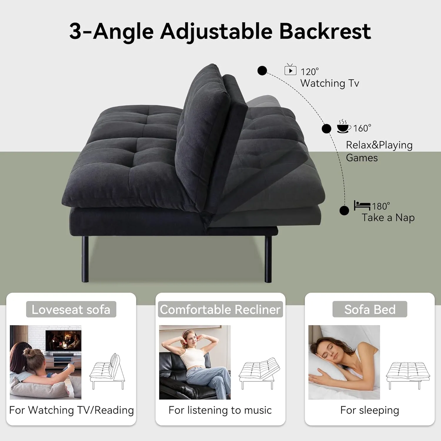 Convertible Futon Sofa Bed,Memory Foam Linen Fabric Futon Couch with Adjustable Backrest,Folding Loveseat Sleeper Recliner for for Living Room,Office,Apartment,Deep Black