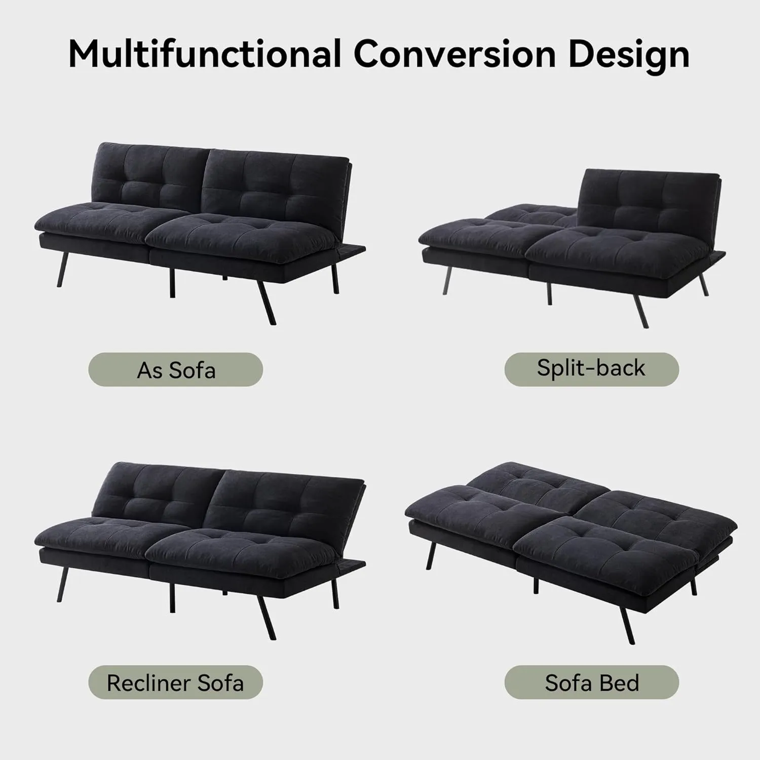 Convertible Futon Sofa Bed,Memory Foam Linen Fabric Futon Couch with Adjustable Backrest,Folding Loveseat Sleeper Recliner for for Living Room,Office,Apartment,Deep Black