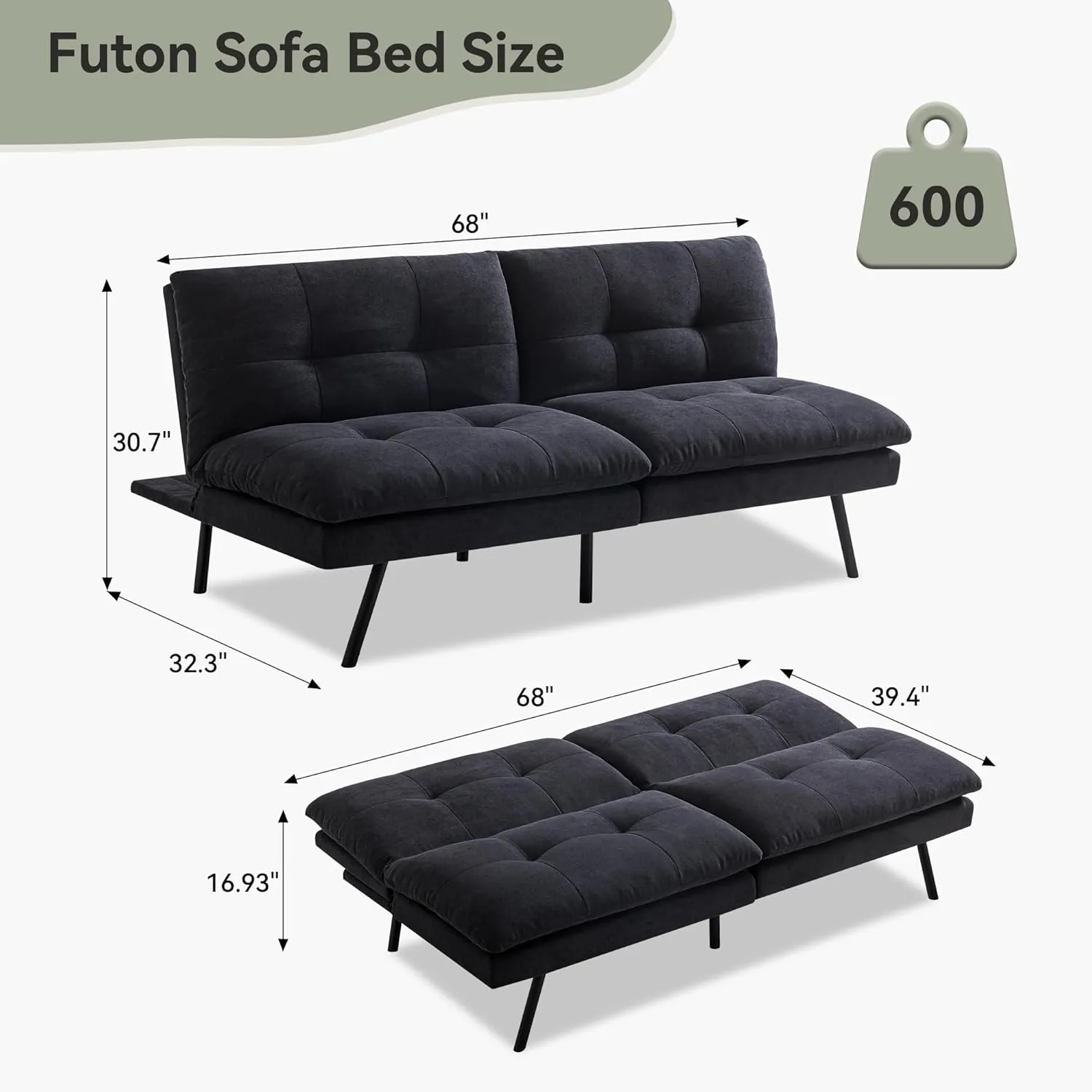 Convertible Futon Sofa Bed,Memory Foam Linen Fabric Futon Couch with Adjustable Backrest,Folding Loveseat Sleeper Recliner for for Living Room,Office,Apartment,Deep Black
