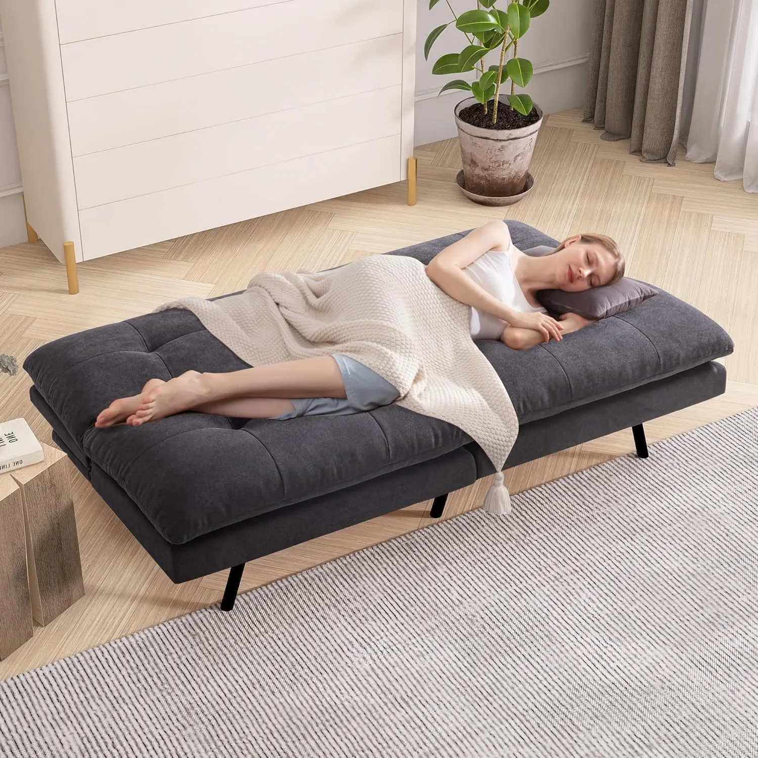 Convertible Futon Sofa Bed,Memory Foam Linen Fabric Futon Couch with Adjustable Backrest,Folding Loveseat Sleeper Recliner for for Living Room,Office,Apartment,Deep Black