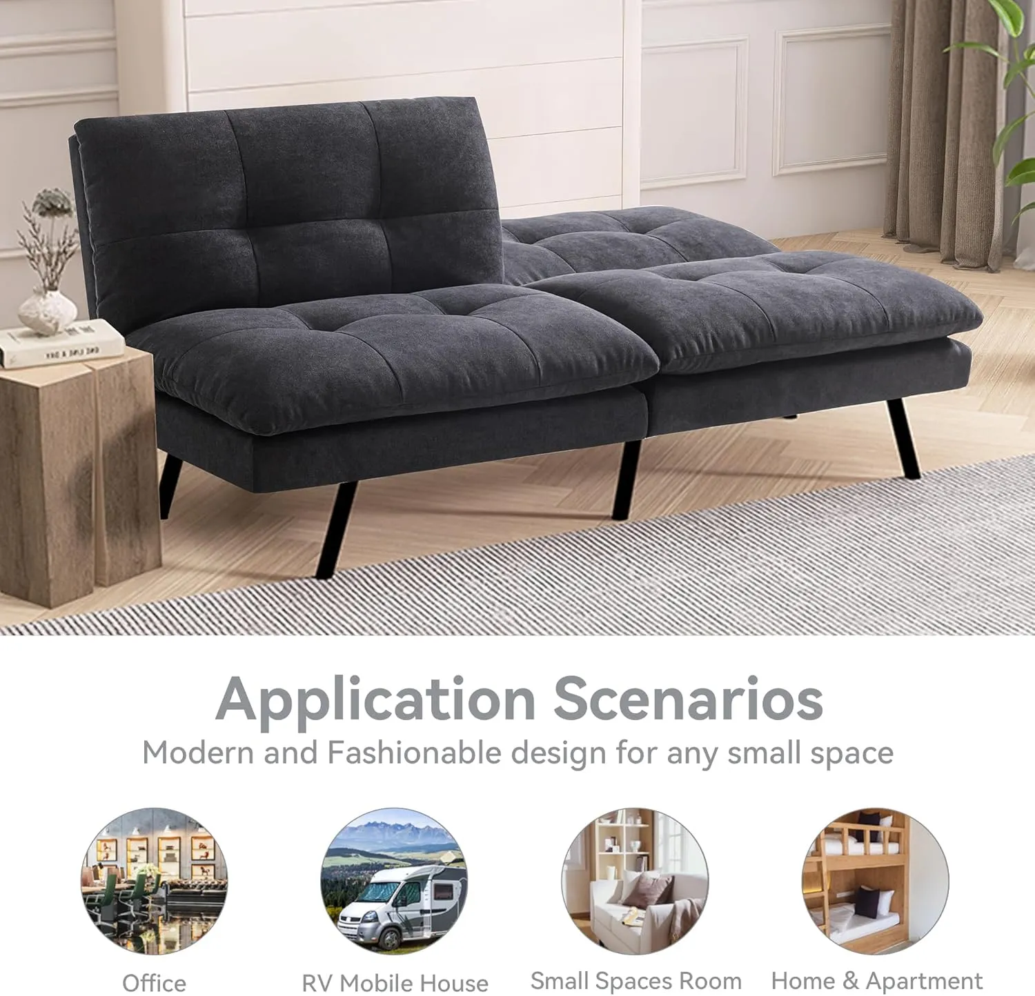Convertible Futon Sofa Bed,Memory Foam Linen Fabric Futon Couch with Adjustable Backrest,Folding Loveseat Sleeper Recliner for for Living Room,Office,Apartment,Deep Black