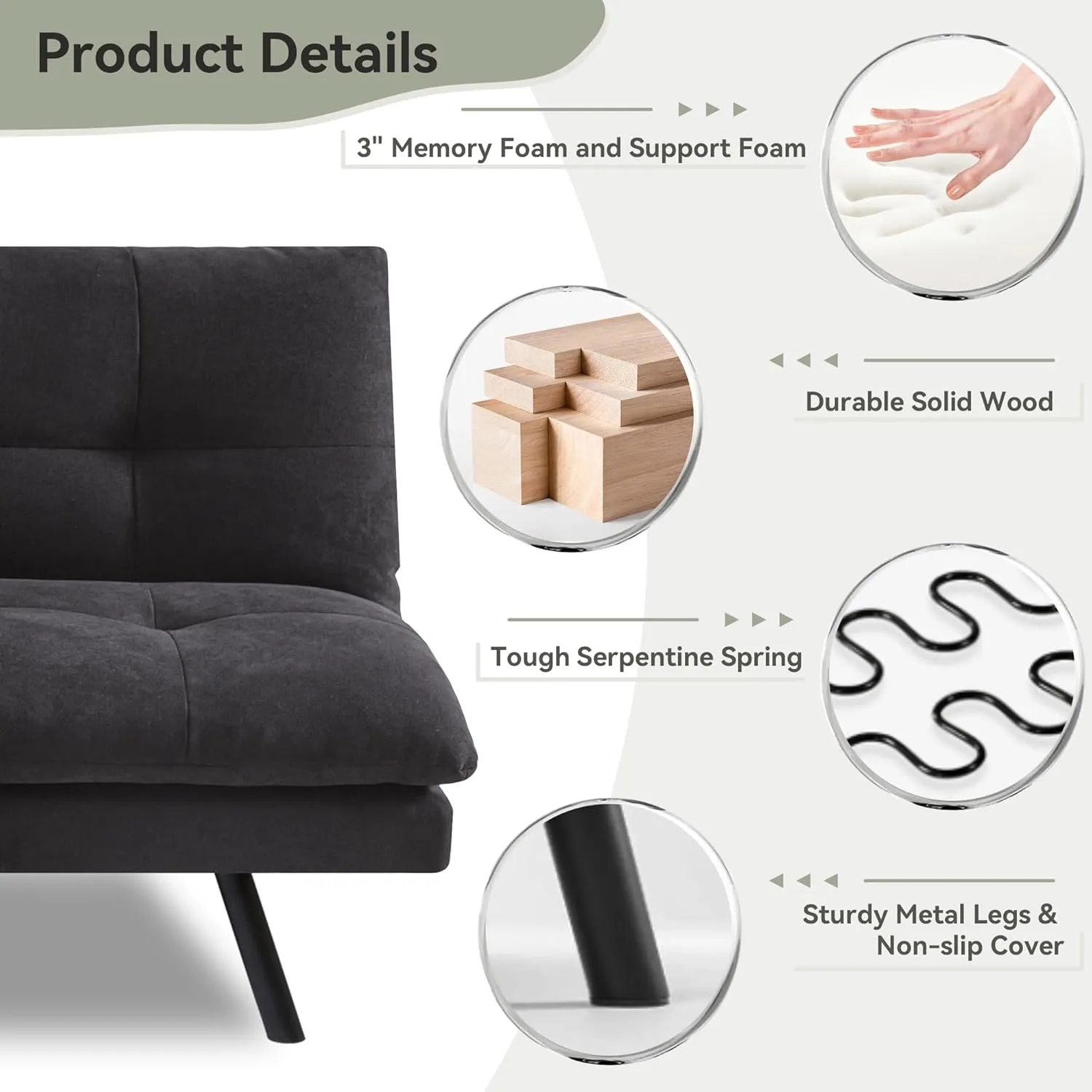 Convertible Futon Sofa Bed,Memory Foam Linen Fabric Futon Couch with Adjustable Backrest,Folding Loveseat Sleeper Recliner for for Living Room,Office,Apartment,Deep Black