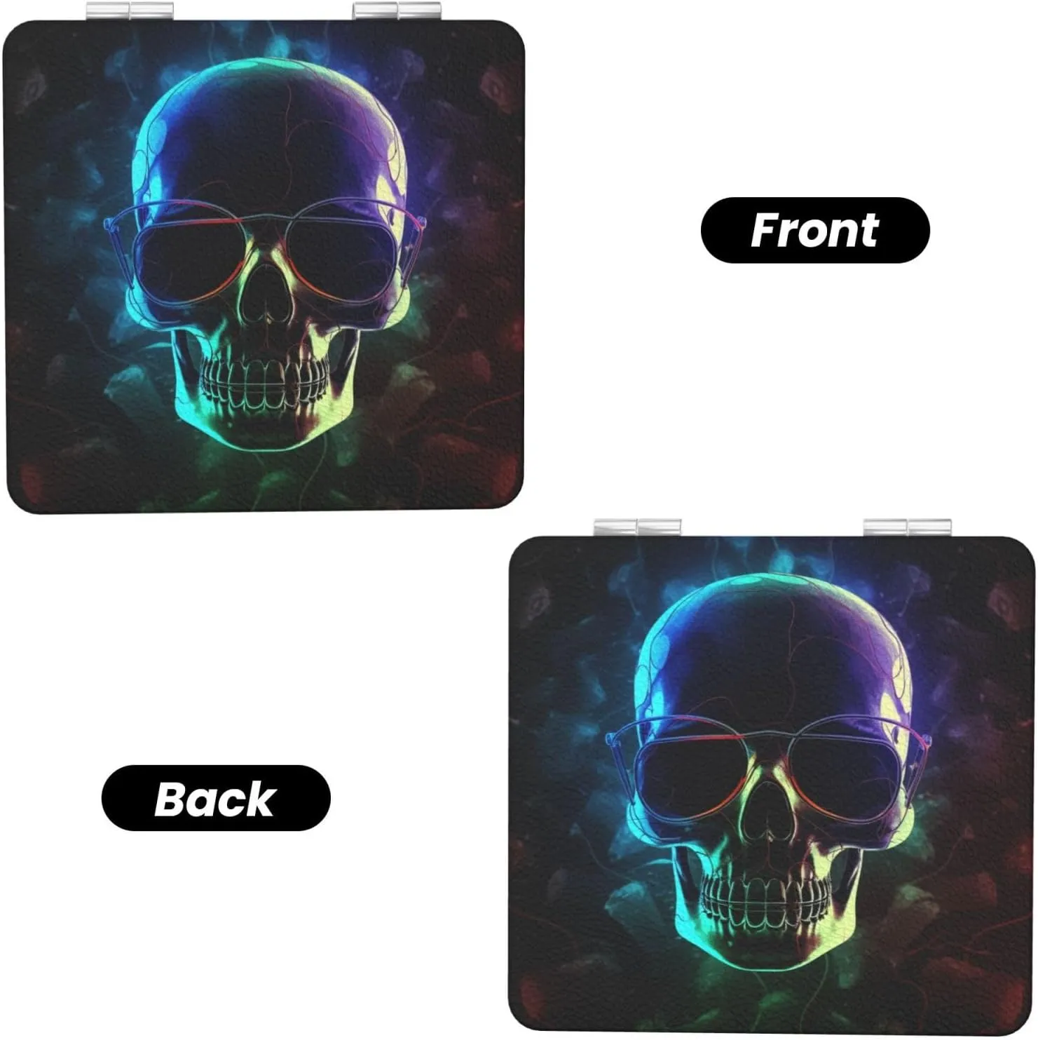 Cool Skull Printed Square Pocket Makeup Mirror with 1X/2X Magnification, Portable Mini Travel Makeup Mirror for Travel Daily Work Beauty