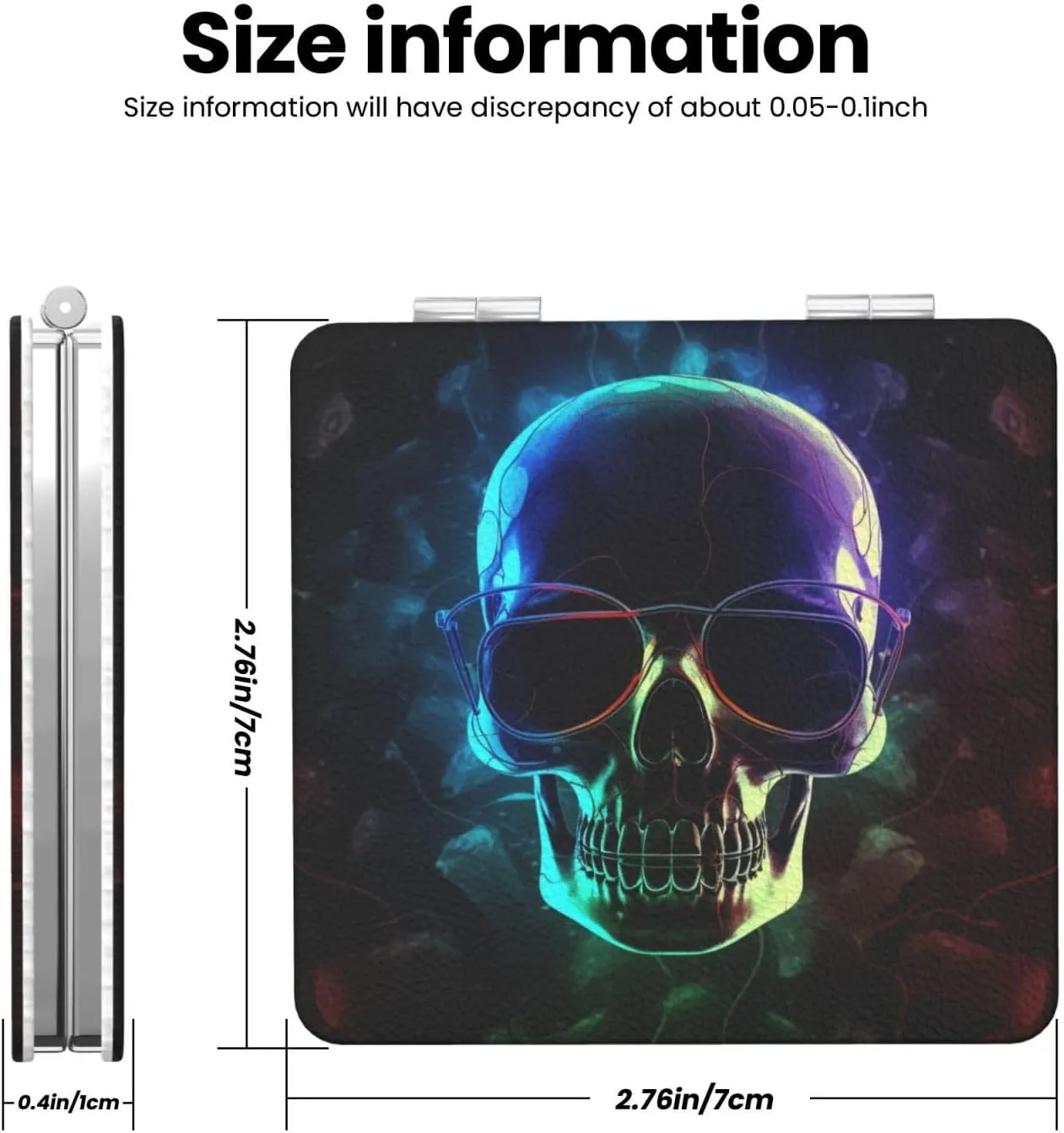 Cool Skull Printed Square Pocket Makeup Mirror with 1X/2X Magnification, Portable Mini Travel Makeup Mirror for Travel Daily Work Beauty
