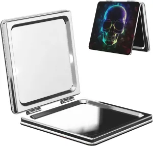 Cool Skull Printed Square Pocket Makeup Mirror with 1X/2X Magnification, Portable Mini Travel Makeup Mirror for Travel Daily Work Beauty