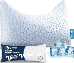 Cooling Side Sleeper Pillow for Neck and Shoulder Pain Relief, Adjustable Curved Shredded Memory Foam Bed Pillows for Sleeping, Queen 1 Pack with Additional Foam Fill Included (White)