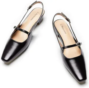 C.Paravano Women's Slingback Small Square Toe Slingback Flats Adjustable Strap Sandals Slip on Casual Slingback Dress Shoes