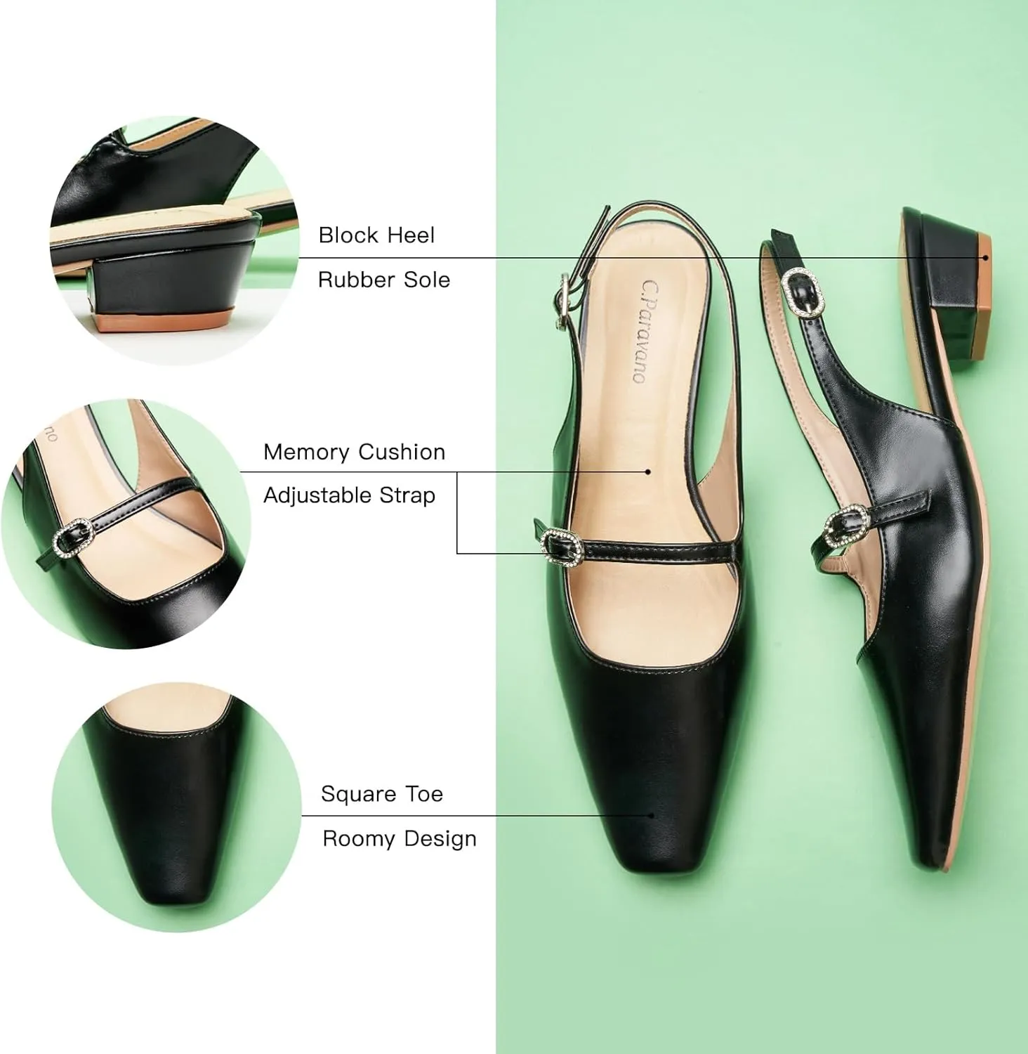 C.Paravano Women's Slingback Small Square Toe Slingback Flats Adjustable Strap Sandals Slip on Casual Slingback Dress Shoes
