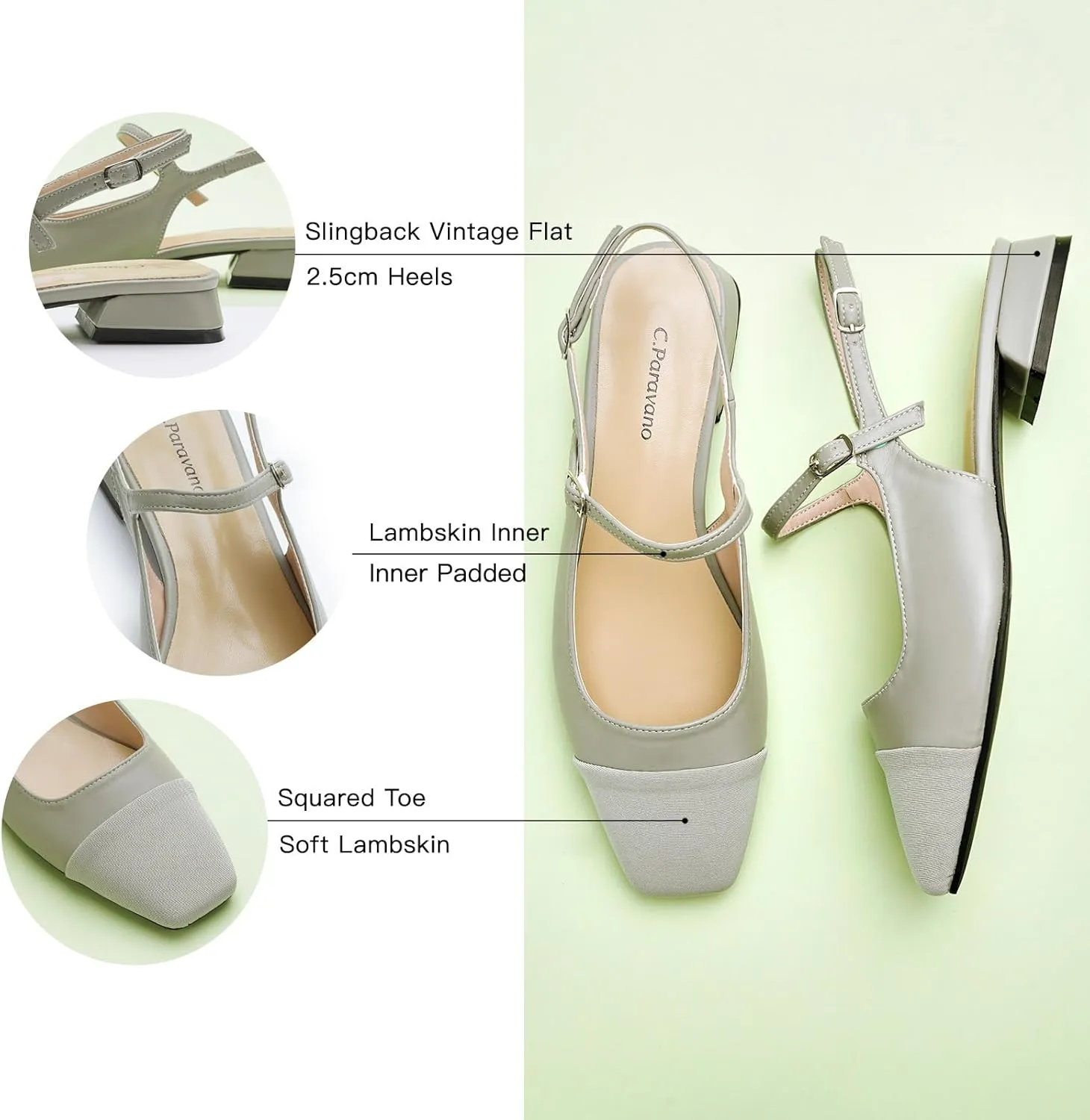 C.Paravano Women's Slingback | Square Toe Slingback Flats | Ankle Strap Flats Sandals | Slip on Casual Flats Shoes | Leather Dress Shoes for Wedding
