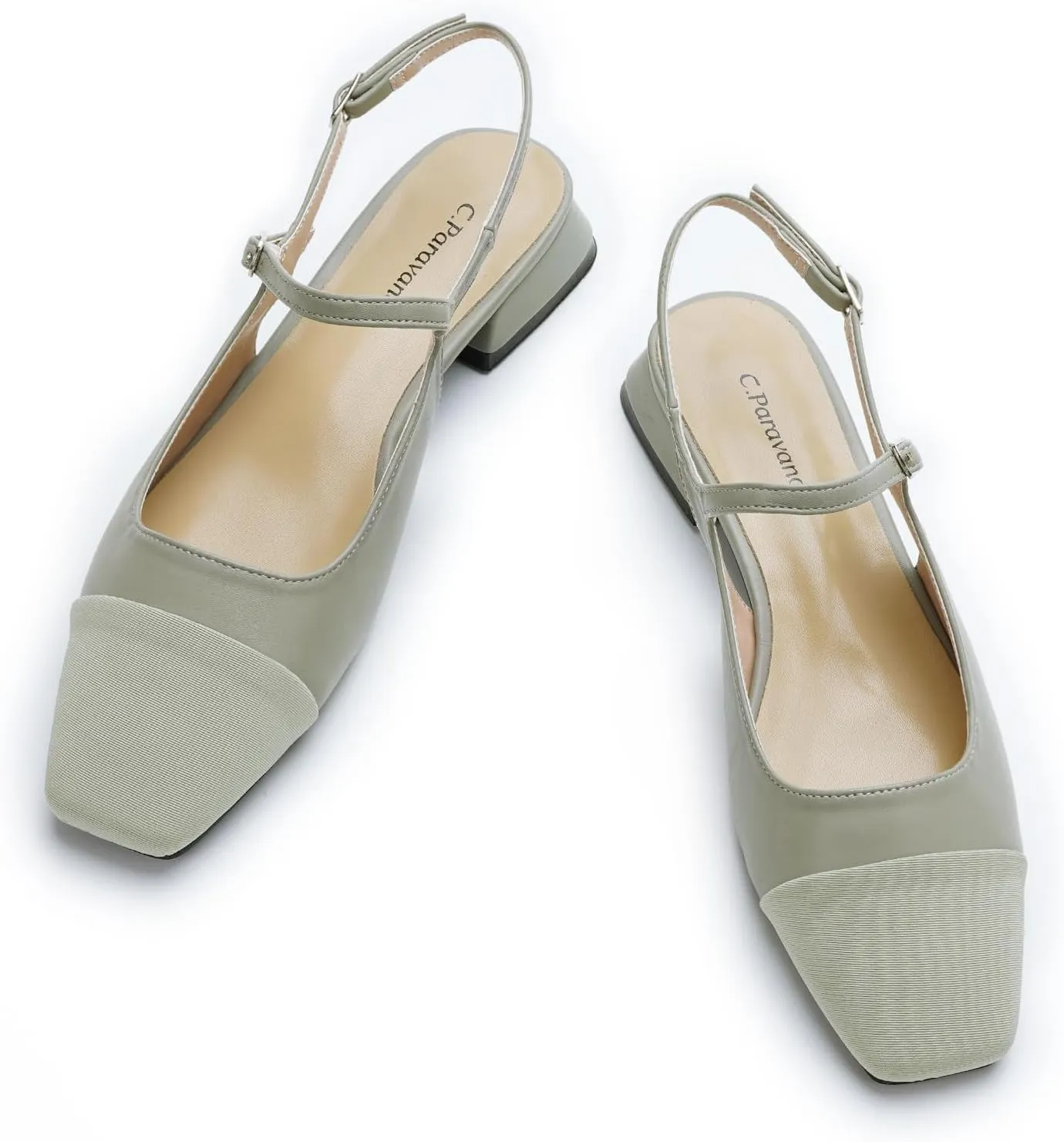 C.Paravano Women's Slingback | Square Toe Slingback Flats | Ankle Strap Flats Sandals | Slip on Casual Flats Shoes | Leather Dress Shoes for Wedding