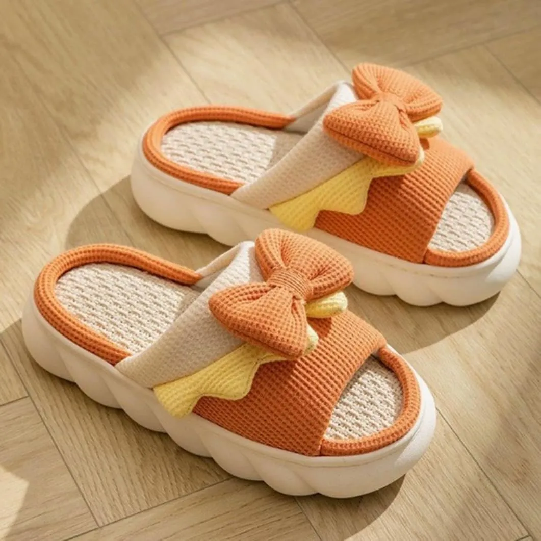 Cute Bow House Linen Slippers - Women Girl Cartoon Slides Memory Foam Thick Sole Soft Non-slip Home Shoes for Four Seasons