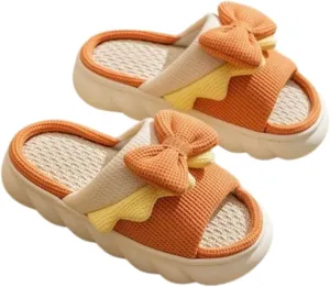 Cute Bow House Linen Slippers - Women Girl Cartoon Slides Memory Foam Thick Sole Soft Non-slip Home Shoes for Four Seasons