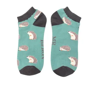 Cute Hedgehogs Bamboo Trainer Socks in Turquoise by Mr Heron, Size UK 7-11