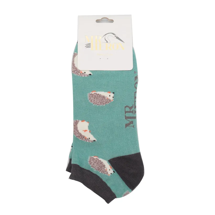 Cute Hedgehogs Bamboo Trainer Socks in Turquoise by Mr Heron, Size UK 7-11