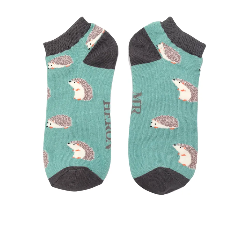Cute Hedgehogs Bamboo Trainer Socks in Turquoise by Mr Heron, Size UK 7-11