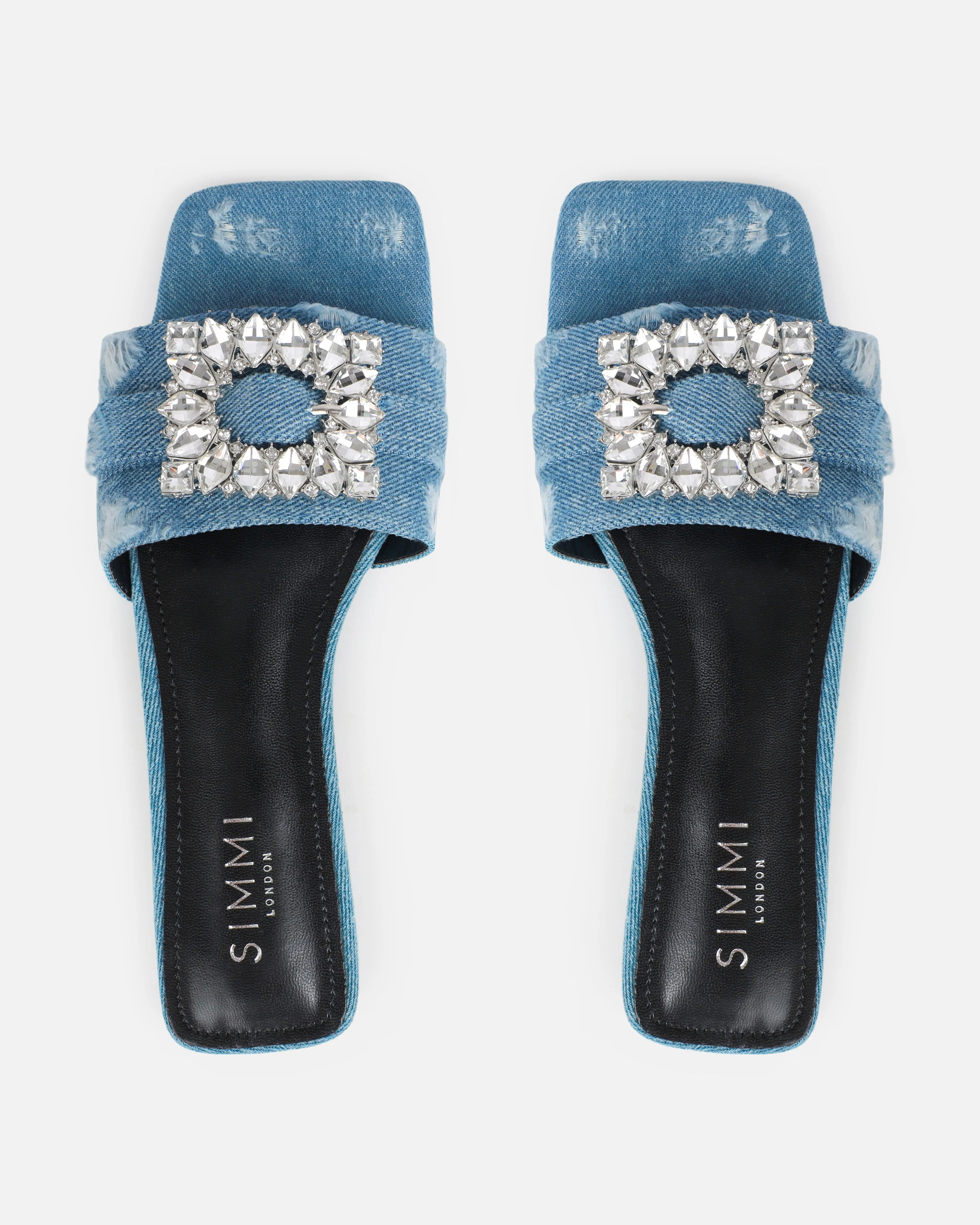 Cyra Blue Denim Diamante Flat Sandals