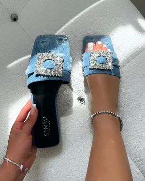 Cyra Blue Denim Diamante Flat Sandals