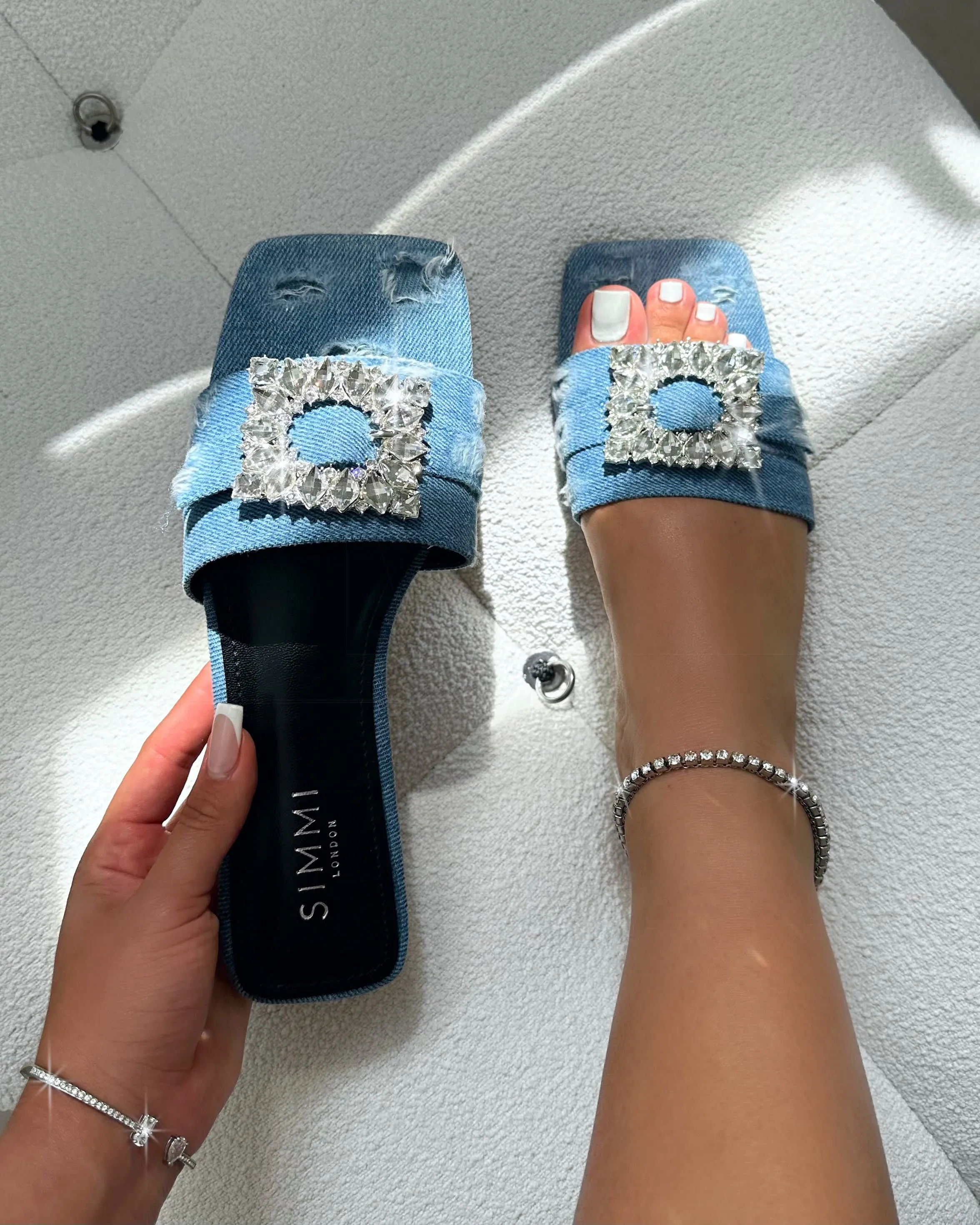 Cyra Blue Denim Diamante Flat Sandals