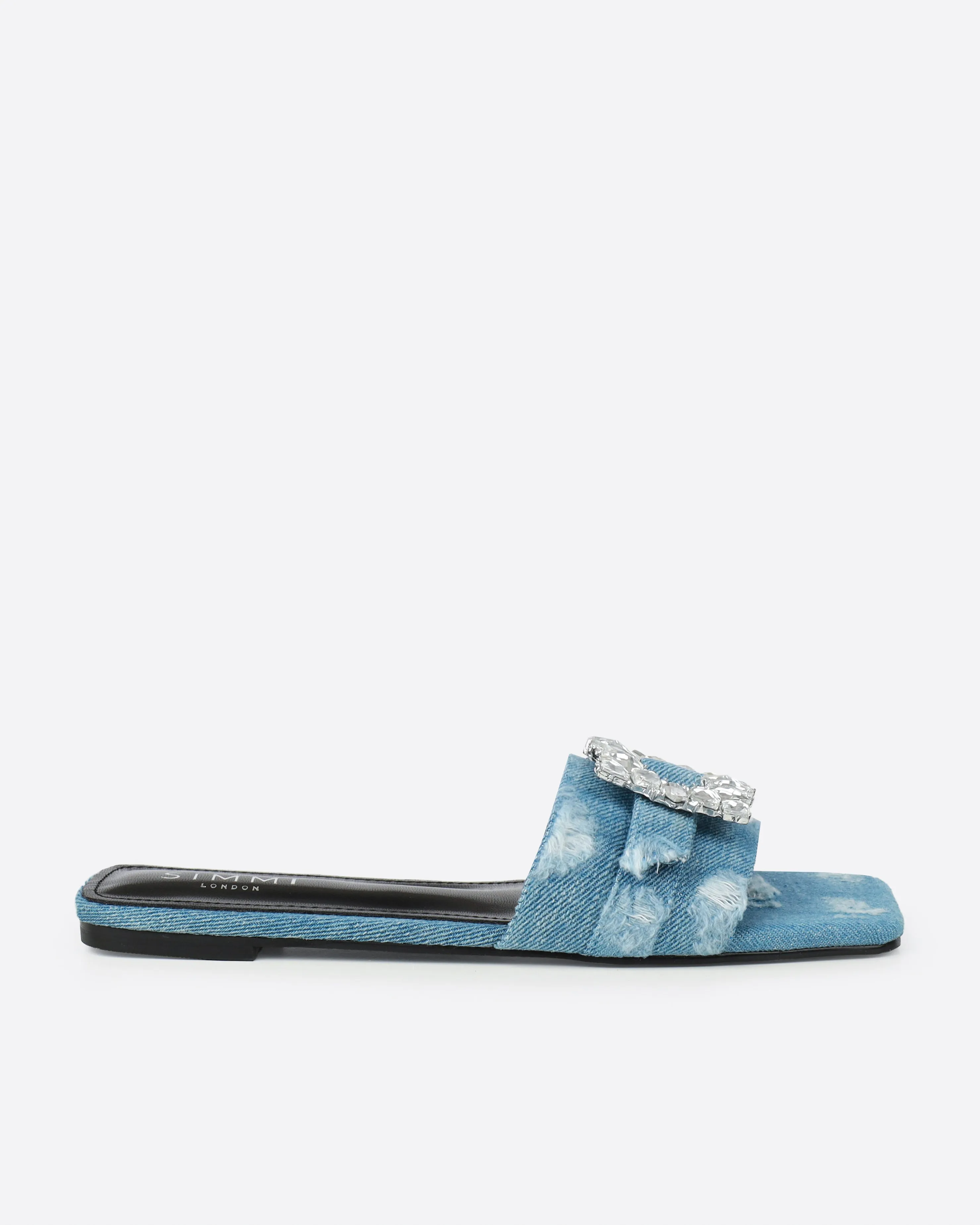 Cyra Blue Denim Diamante Flat Sandals