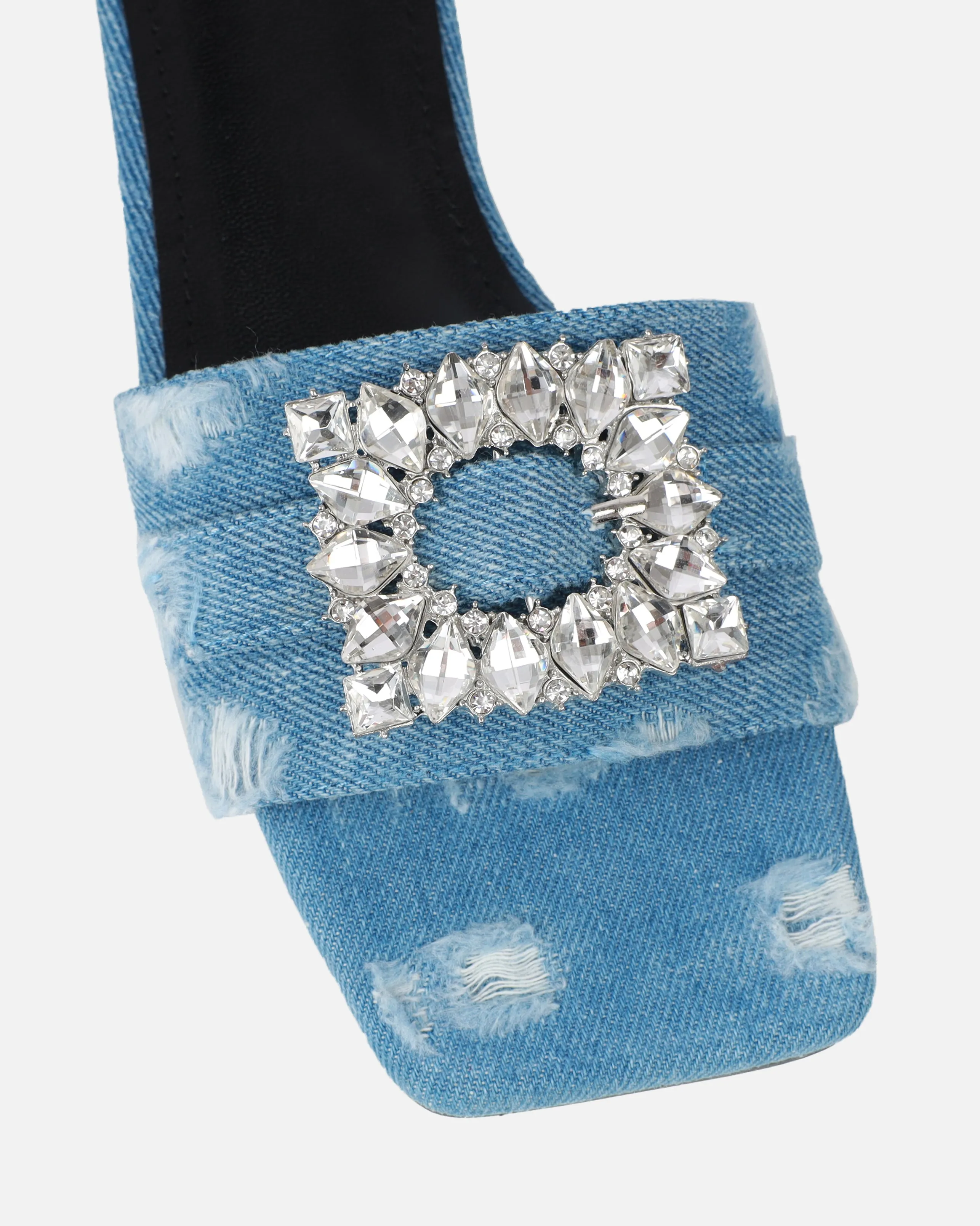 Cyra Blue Denim Diamante Flat Sandals