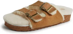 Dearfoams Women's Fireside Tamworth Shearling Slide Sandal with Cork Footbed and Adjustable Buckles