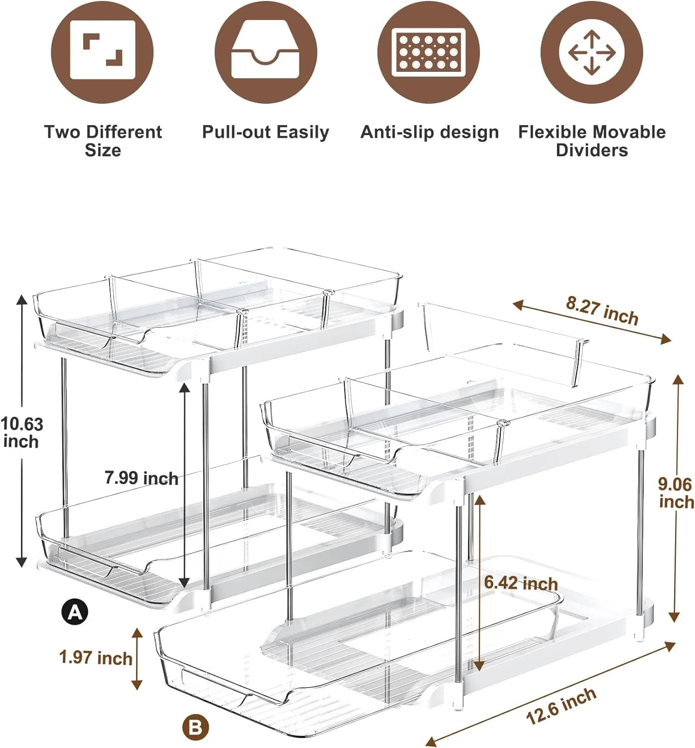 Delamu 2 Sets of 2-Tier Multi-Purpose Bathroom Under Sink Organizers and Storage, Stackable Kitchen Pantry Organization, Pull Out Medicine Cabinet Organizer with 8 Movable Dividers