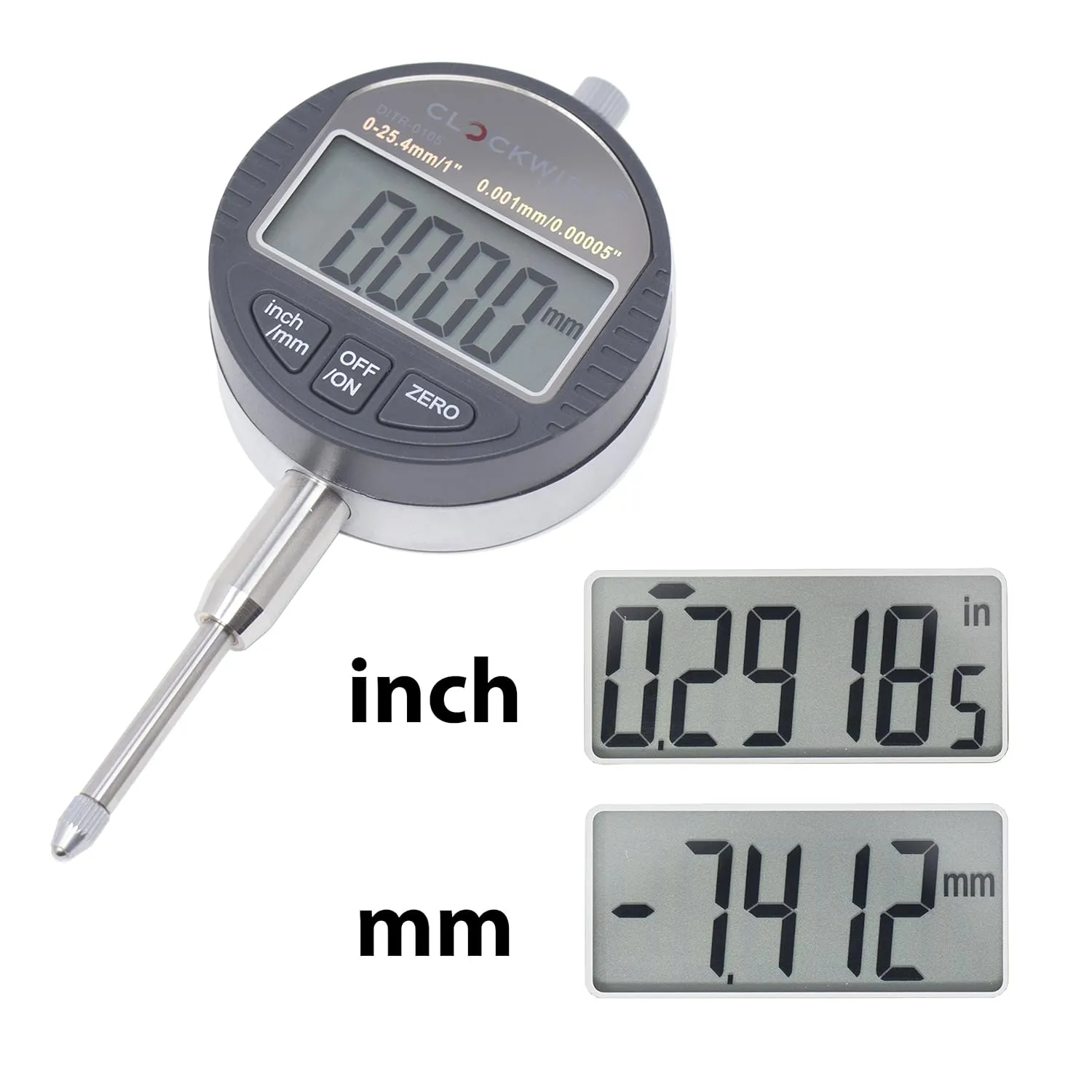 Digital Indicator, DITR-0105 0-1 Inch/25.4mm, 0.00005 Inch/0.001mm Resolution, Inch/Metric Conversion, Auto Off