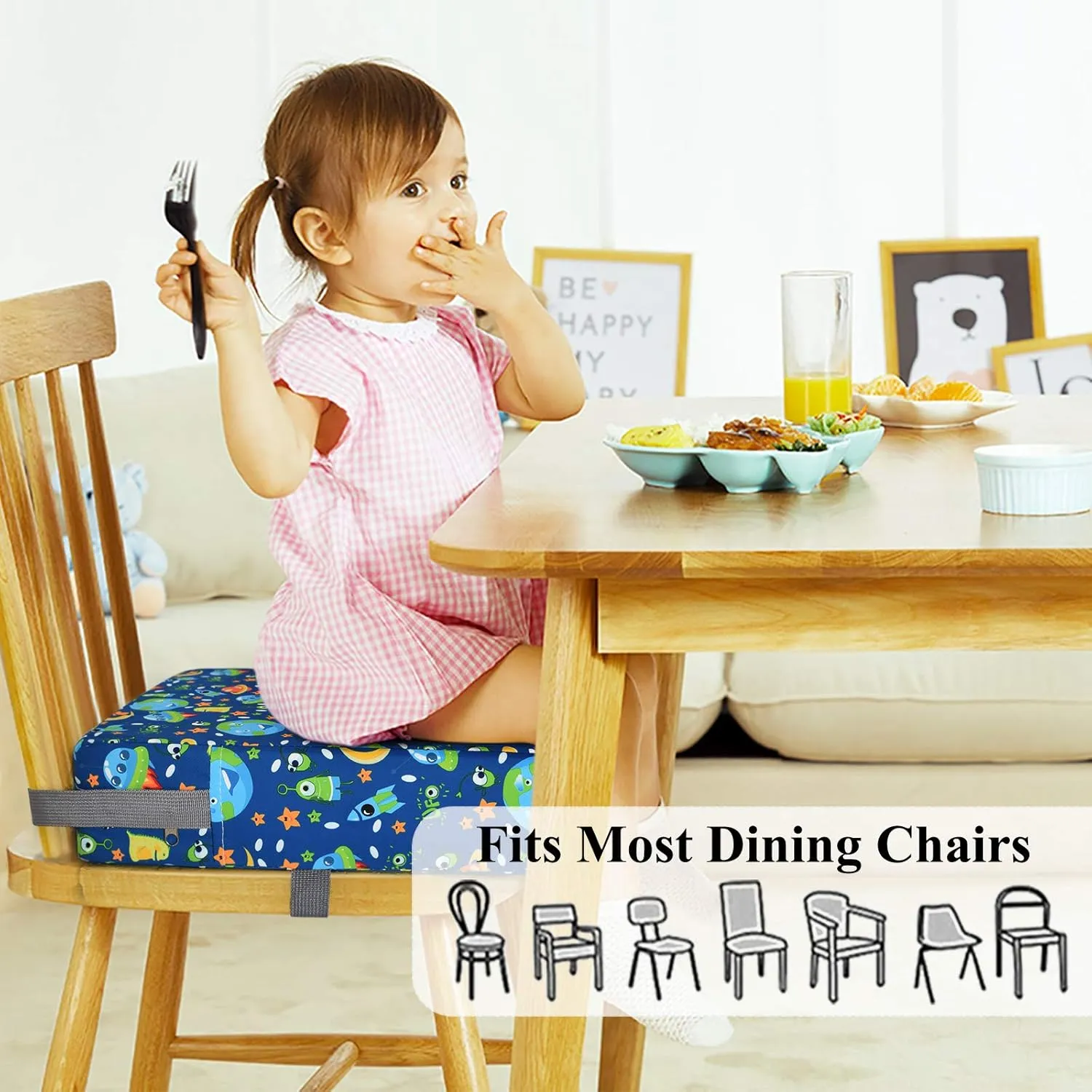 Dining Chair Heightening Cushion Portable Dismountable Adjustable Highchair Booster for Baby Toddler Kids Infant Washable Thick Chair Seat Pad Mat (Blue Space)