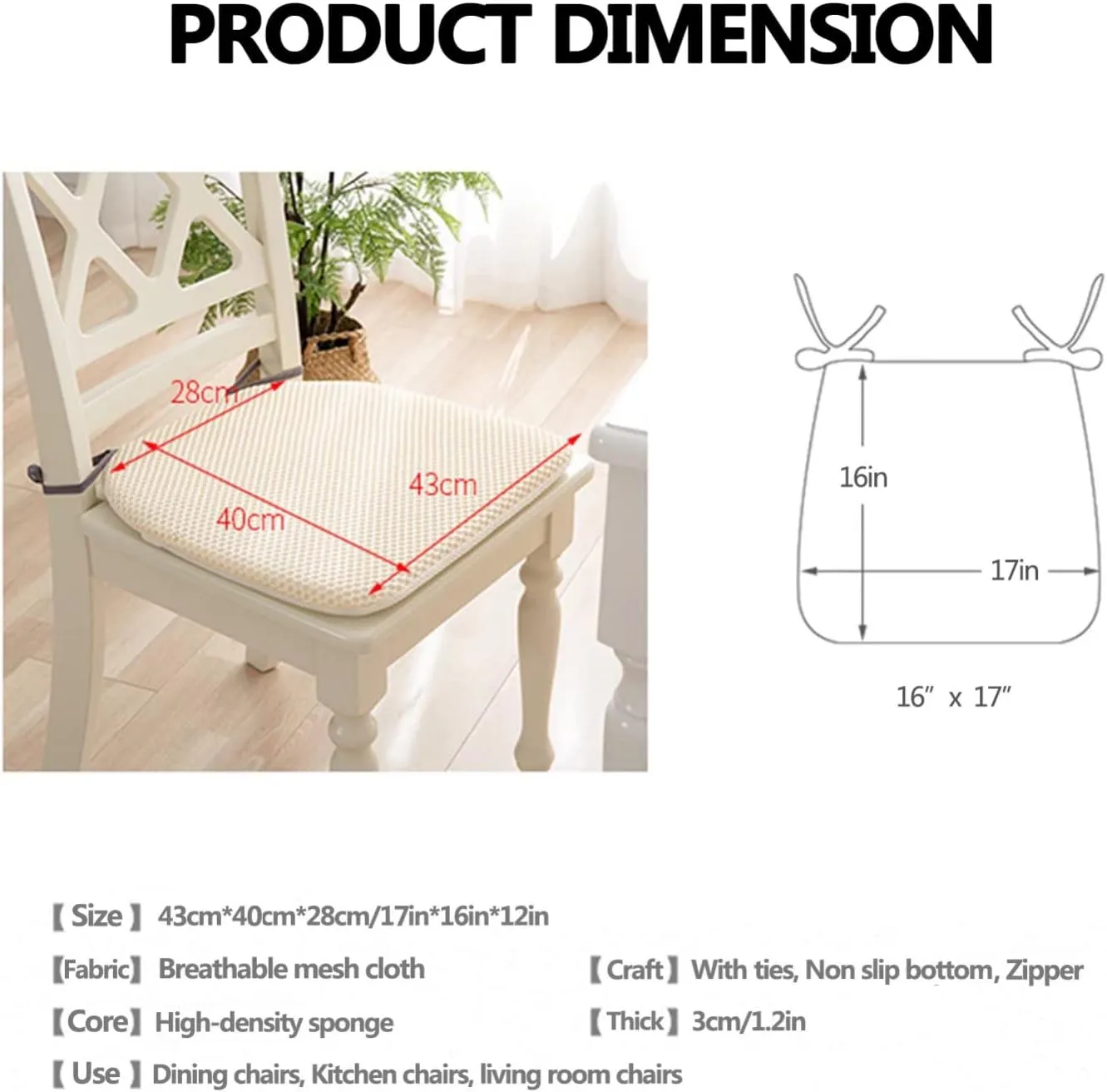 Dining Room Chair Cushion Covers Washable, Chair Seat Cushion Replacement, Summer Breathable Mesh Chair Pads with Ties, U Shaped Kitchen Chair Pads with Anti-Slip Rubber Back Deep Green