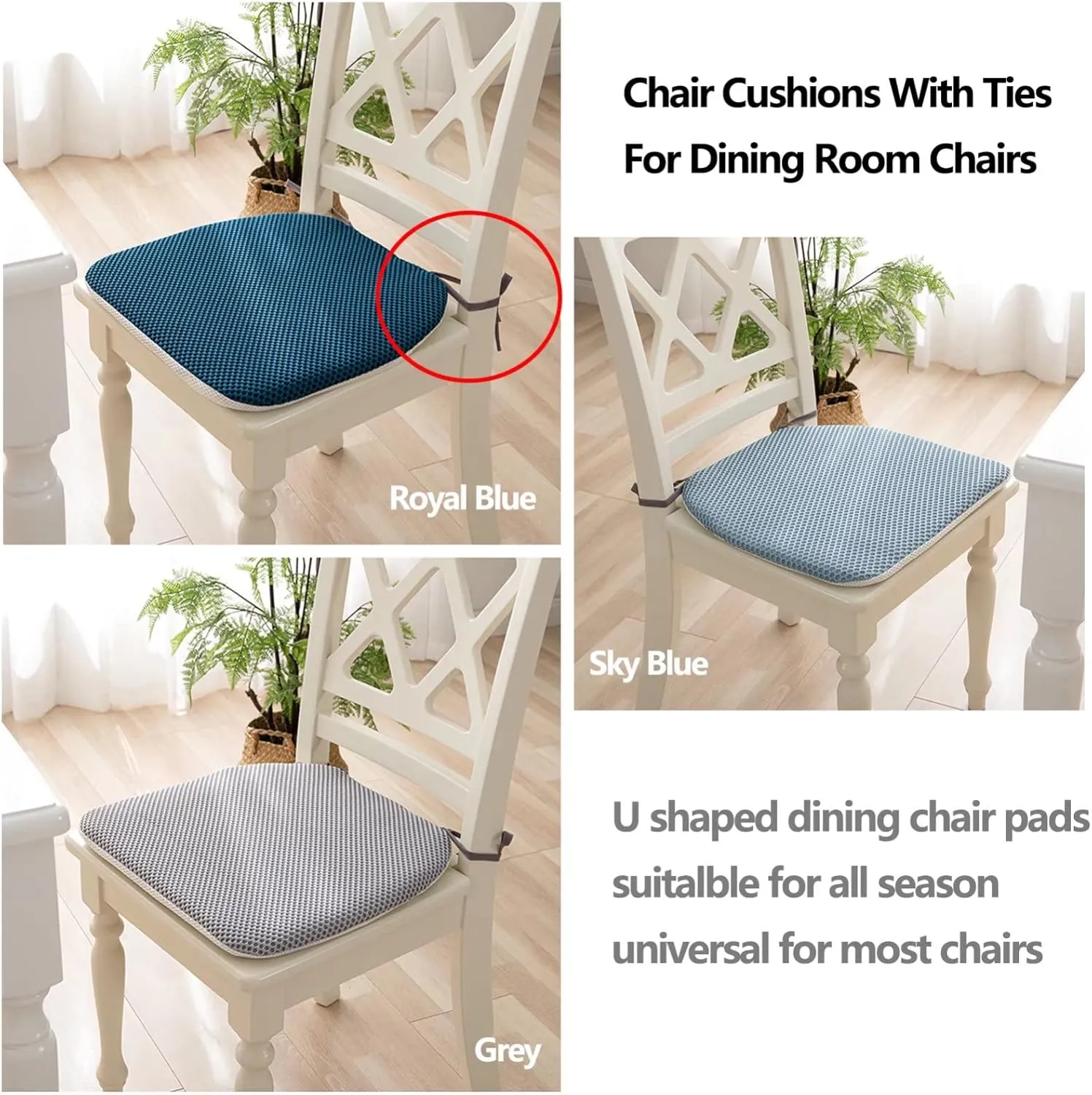 Dining Room Chair Cushion Covers Washable, Chair Seat Cushion Replacement, Summer Breathable Mesh Chair Pads with Ties, U Shaped Kitchen Chair Pads with Anti-Slip Rubber Back Deep Green