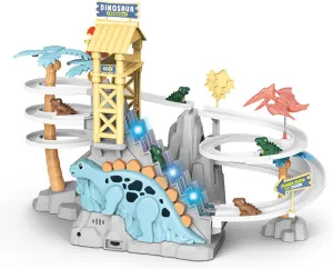 Dinosaur Climbing Slide Toy with Five Dinosaurs & Light-Up Music, Electric Dinosaur Climbing Stairs Toy for Toddlers Double Track Slide Race with Interactive Action & Fun Sound Effects (Blue)