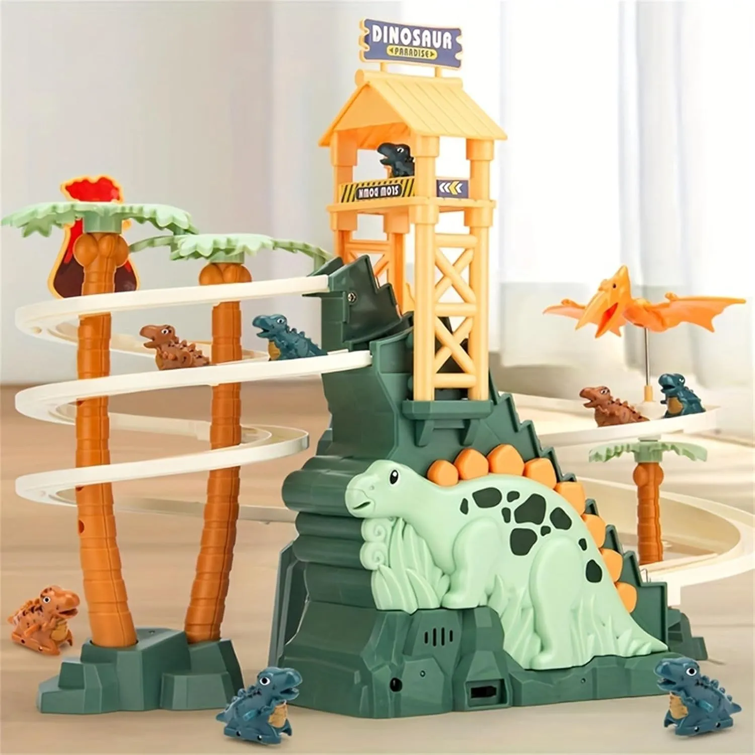 Dinosaur Climbing Slide Toy with Five Dinosaurs & Light-Up Music, Electric Dinosaur Climbing Stairs Toy for Toddlers Double Track Slide Race with Interactive Action & Fun Sound Effects (Blue)