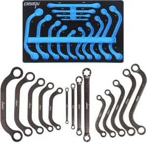DISEN 14-Piece Half Moon&S-Style & E-Torx Wrench Set, CR-V, Wrench 5-Piece Half Moon Box Set Metric 8mm to 22mm,4-Piece E-Torx E6-E24,5-Piece S-Style Box 10-19mm,12 Point, EVA Foam Tool Organizer