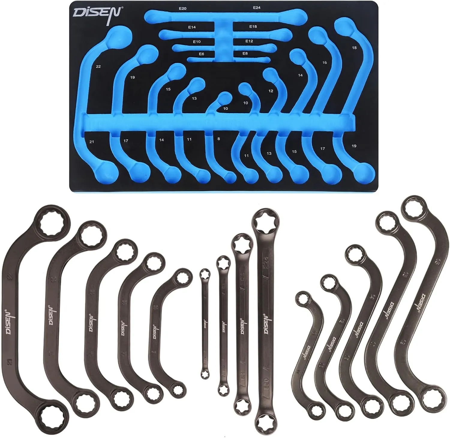 DISEN 14-Piece Half Moon&S-Style & E-Torx Wrench Set, CR-V, Wrench 5-Piece Half Moon Box Set Metric 8mm to 22mm,4-Piece E-Torx E6-E24,5-Piece S-Style Box 10-19mm,12 Point, EVA Foam Tool Organizer